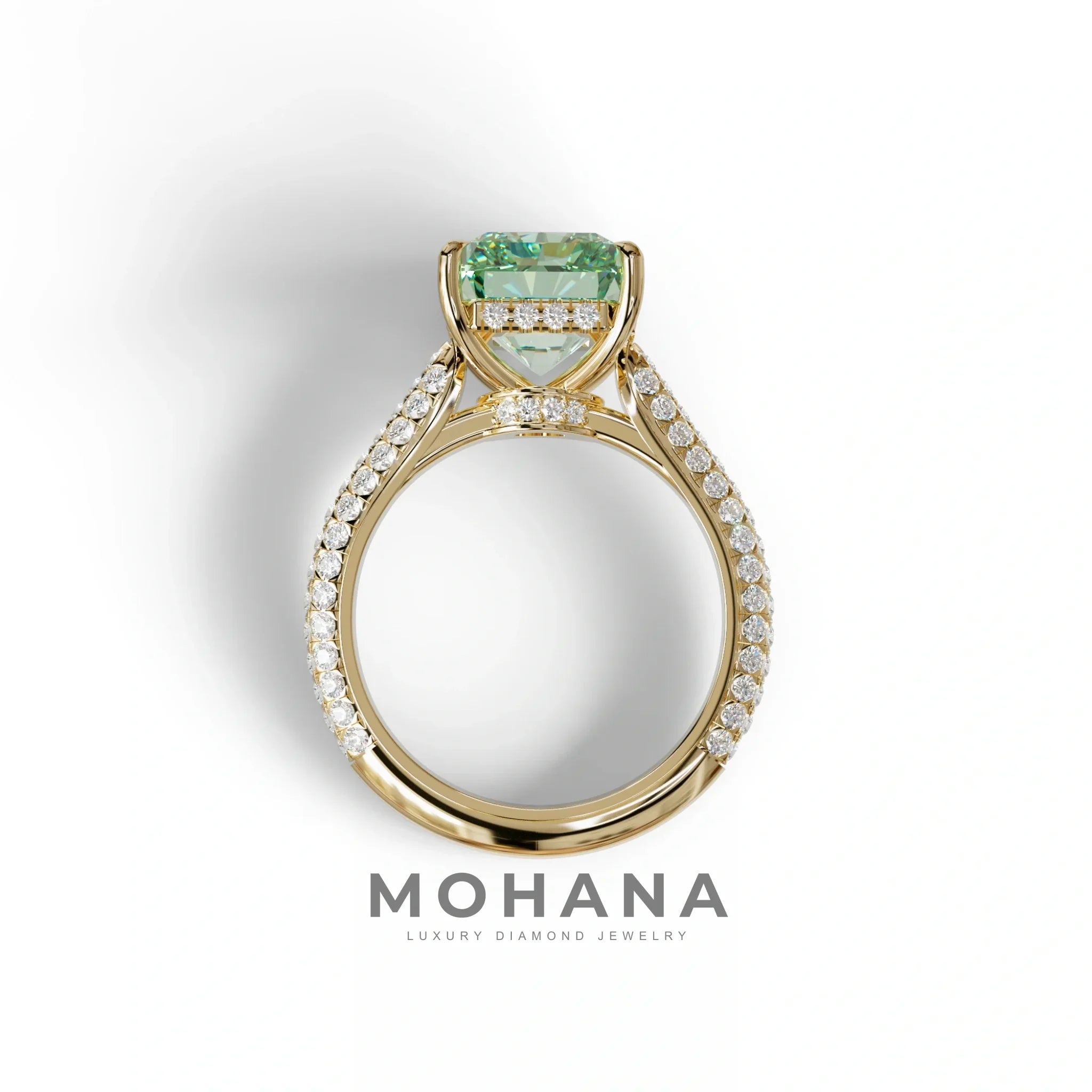 3 Carat Green Radiant Cut Hidden Halo & Pave Set Lab Diamond Ring - Riviera
