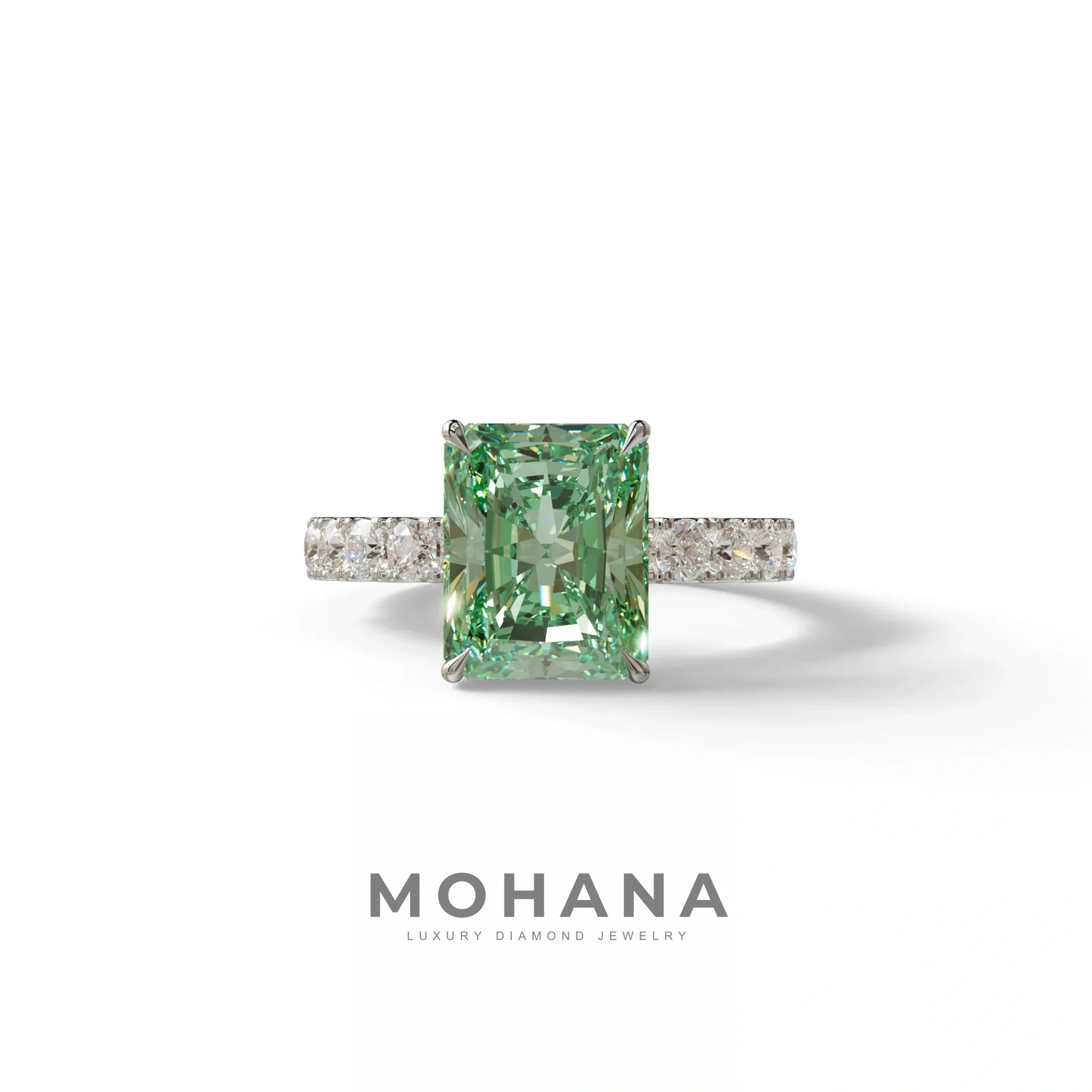 3 Carat Green Radiant Cut Lab Diamond Hidden Halo Engagement Ring - Lace Bridge - 10K Solid Gold / White Gold