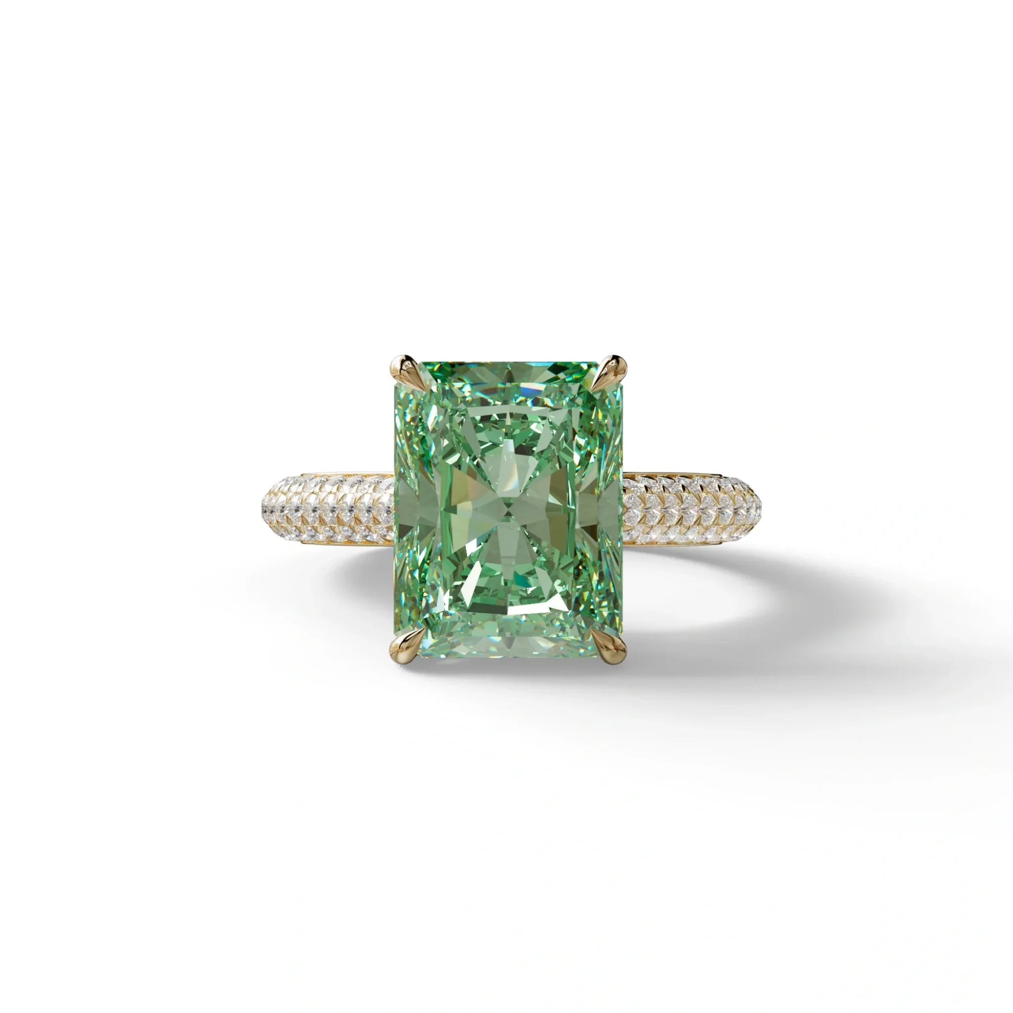 3 Carat Green Radiant Cut Hidden Halo & Pave Set Lab Diamond Ring - Riviera - 10K Solid Gold / Yellow Gold