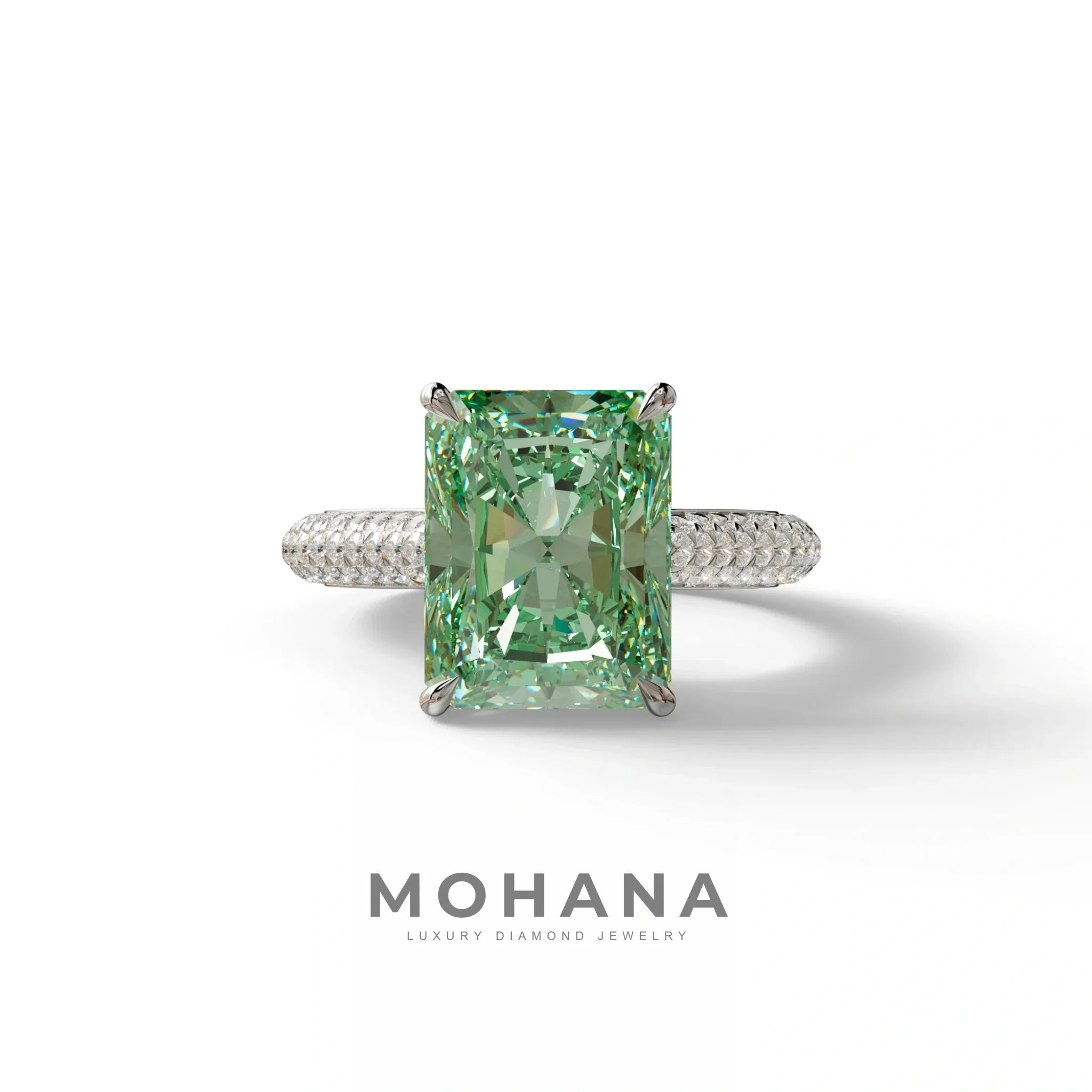 3 Carat Green Radiant Cut Hidden Halo & Pave Set Lab Diamond Ring - Riviera - 10K Solid Gold / White Gold