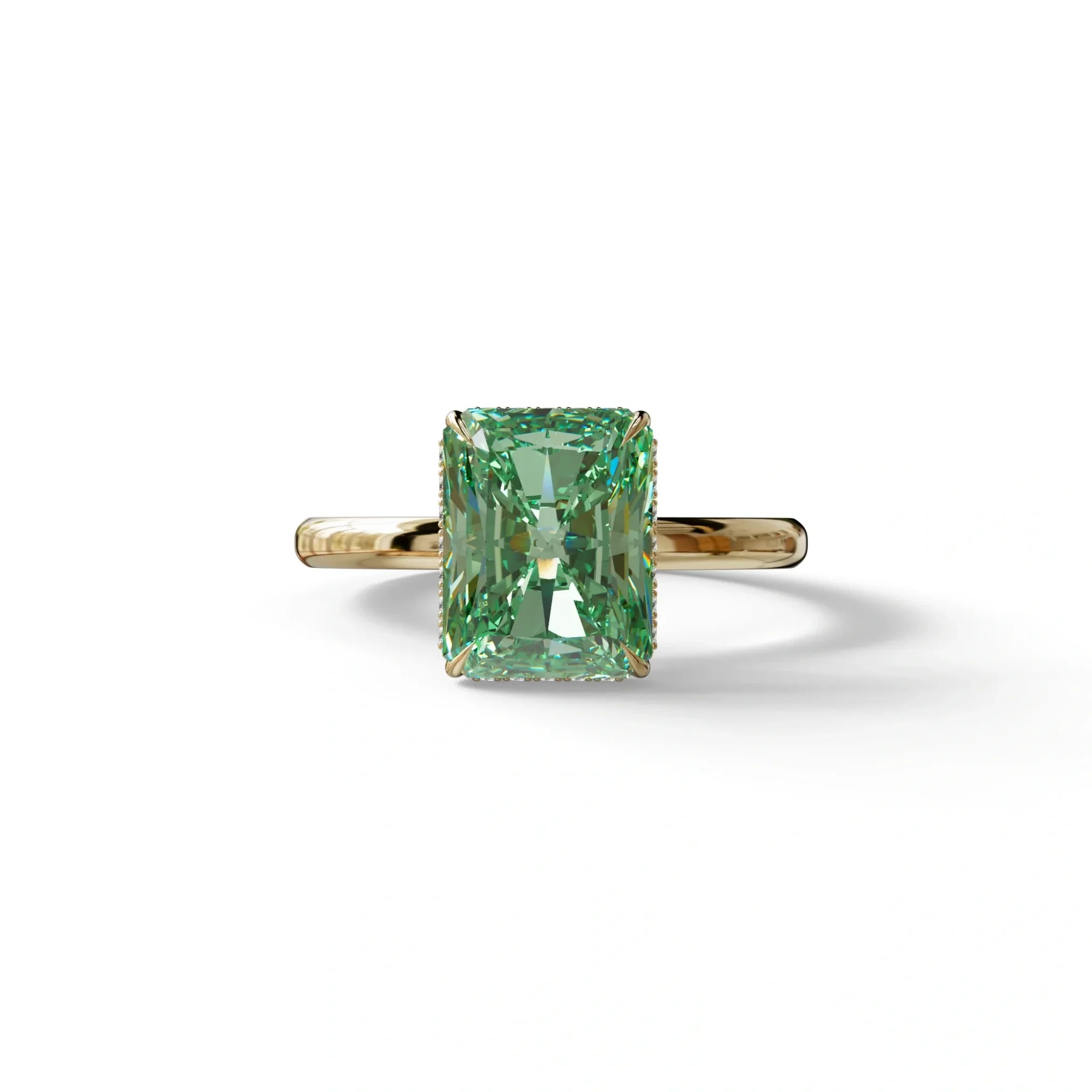 3 Carat Fancy Green Radiant Cut Hidden Halo Lab Grown Diamond Engagement Ring - 10K Solid Gold / Yellow Gold