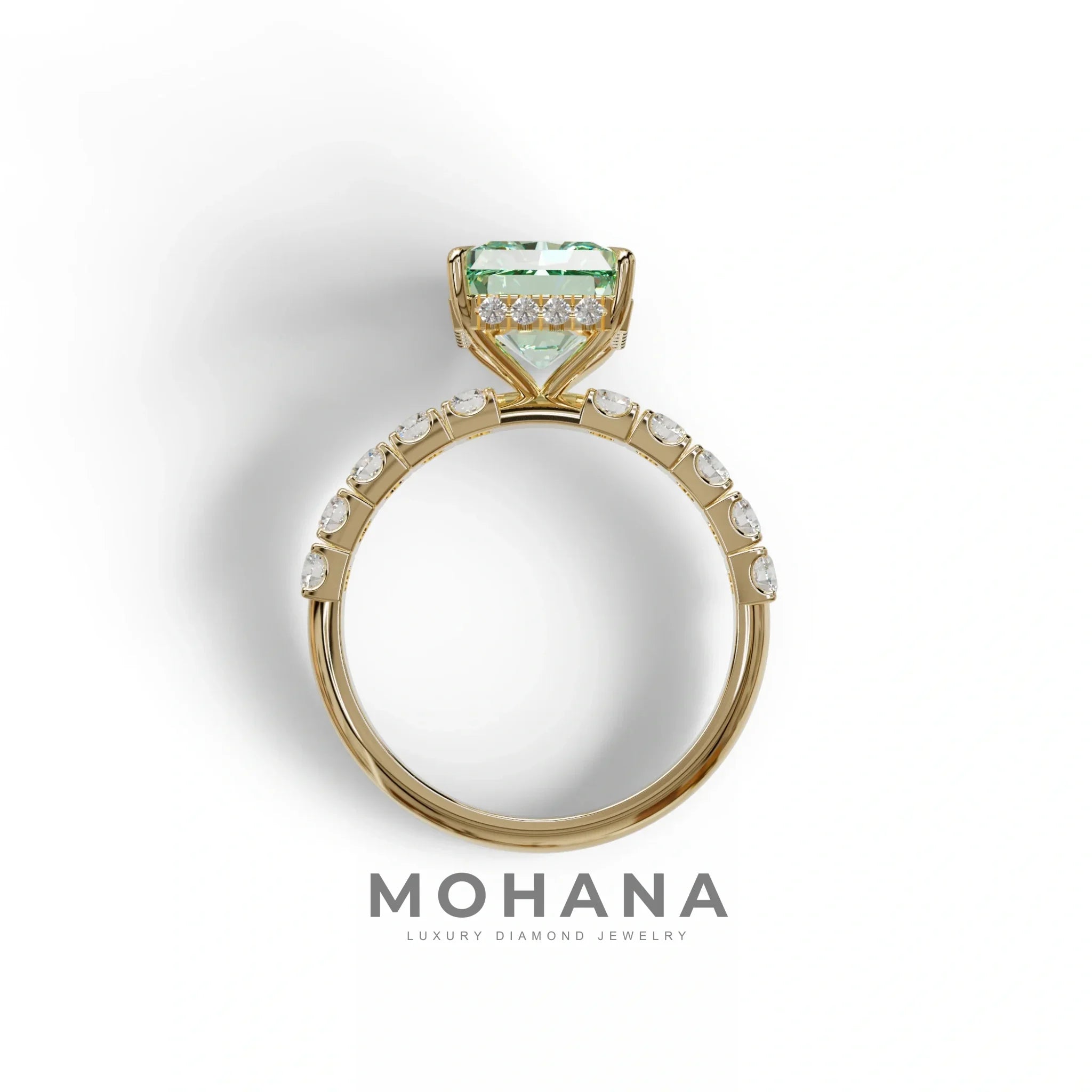 3 Carat Green Radiant Cut Lab Diamond Hidden Halo Engagement Ring - Lace Bridge