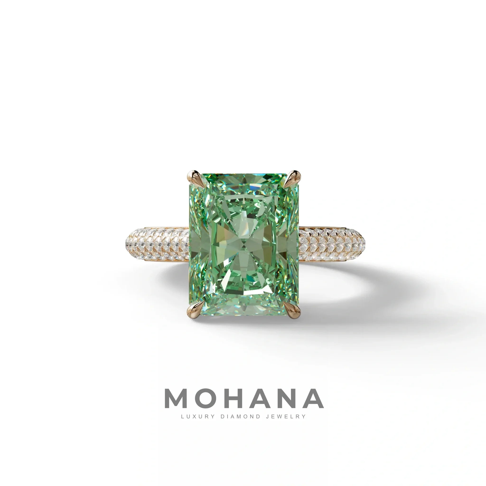 3 Carat Green Radiant Cut Hidden Halo & Pave Set Lab Diamond Ring - Riviera - 10K Solid Gold / Rose Gold