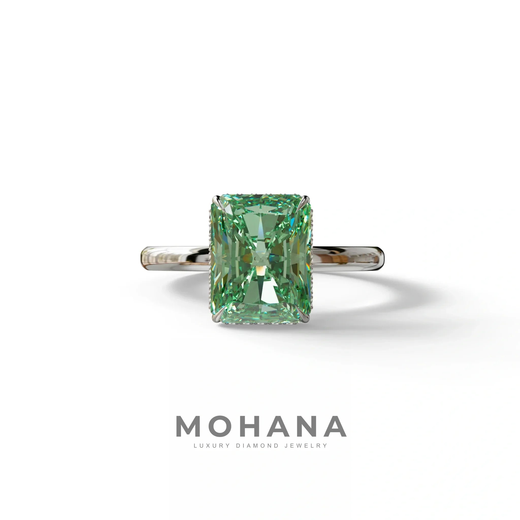 3 Carat Fancy Green Radiant Cut Hidden Halo Lab Grown Diamond Engagement Ring - 10K Solid Gold / White Gold