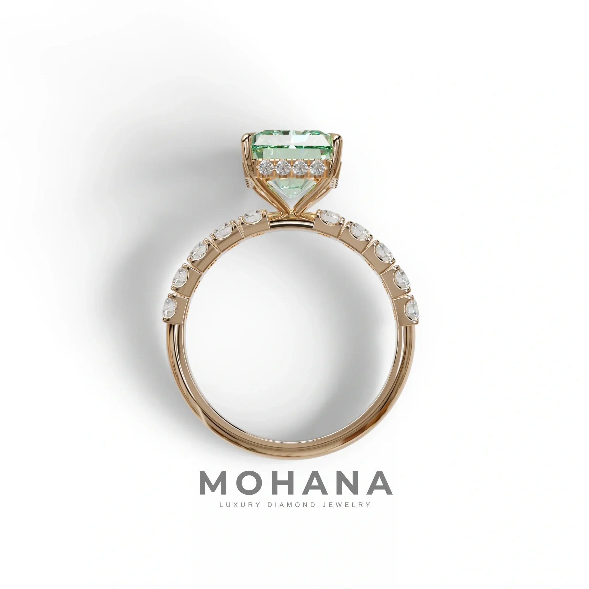 3 Carat Green Radiant Cut Lab Diamond Hidden Halo Engagement Ring - Lace Bridge