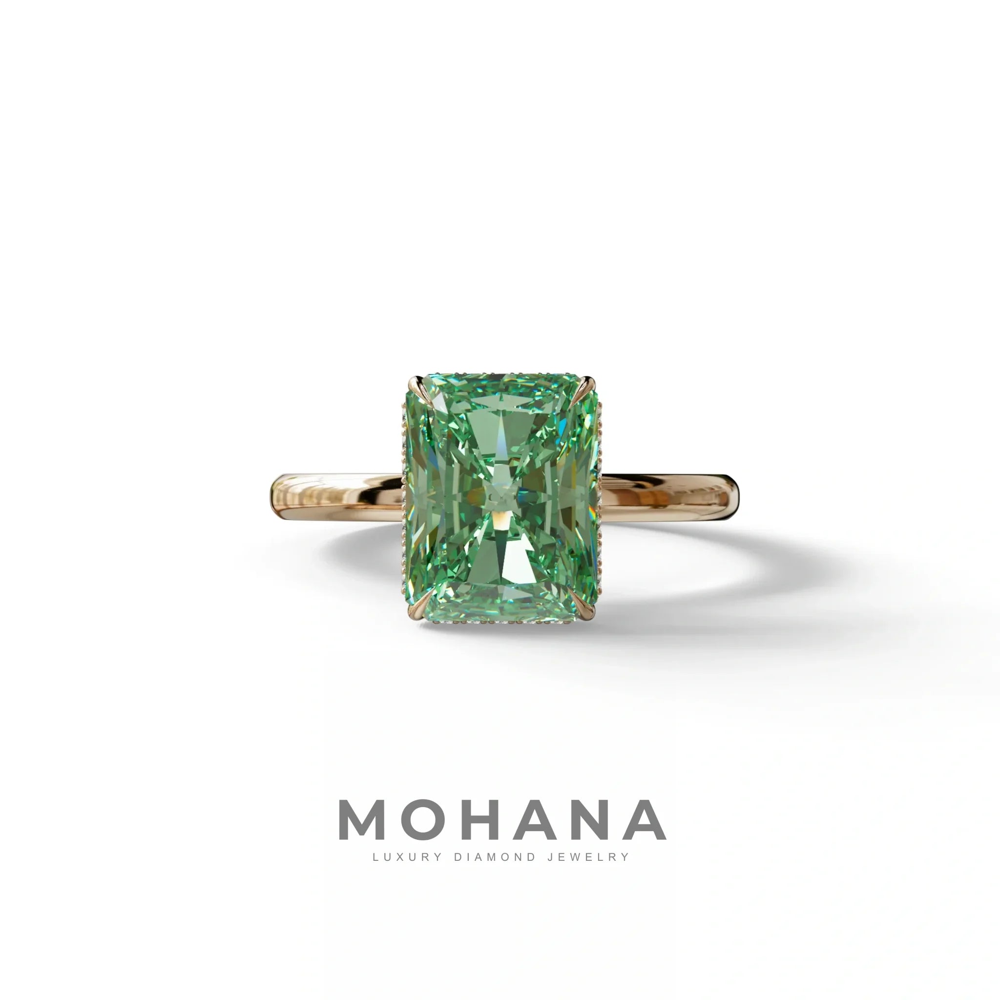 3 Carat Fancy Green Radiant Cut Hidden Halo Lab Grown Diamond Engagement Ring - 10K Solid Gold / Rose Gold