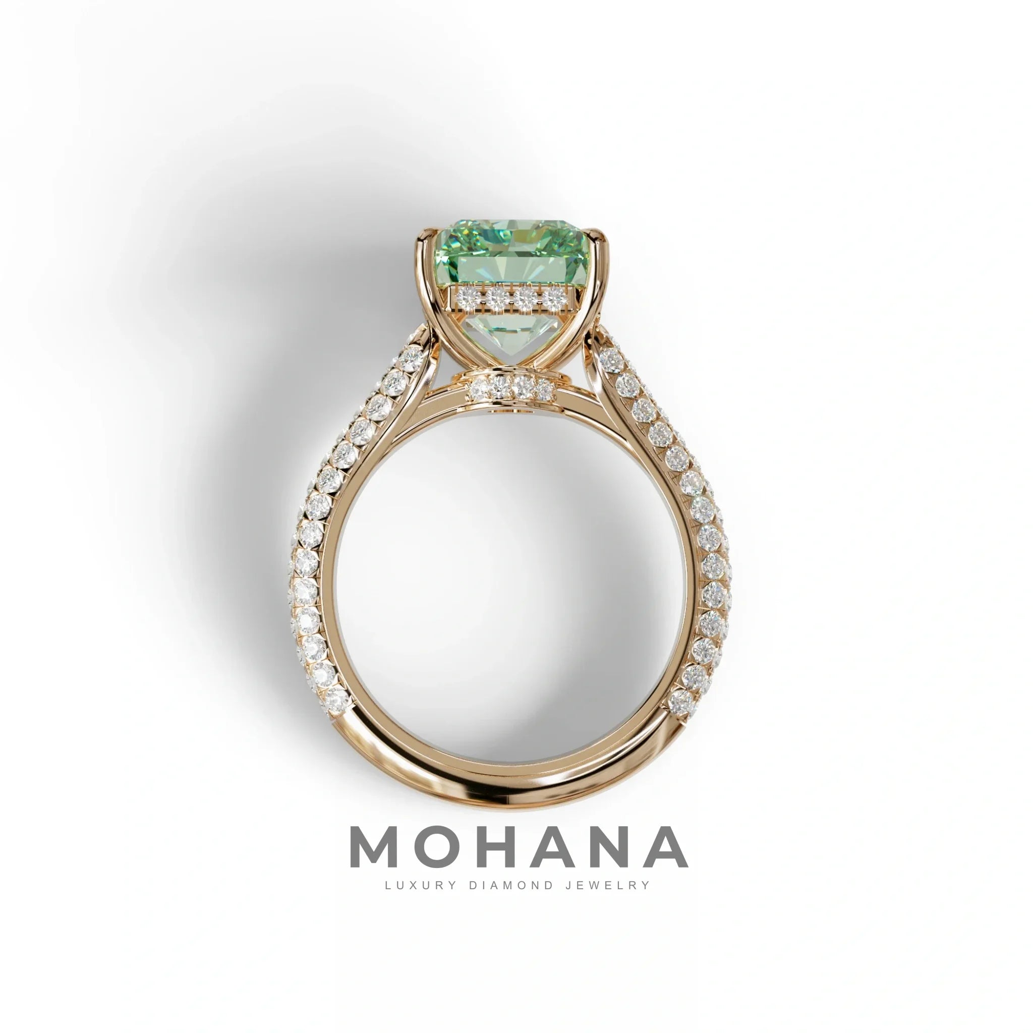3 Carat Green Radiant Cut Hidden Halo & Pave Set Lab Diamond Ring - Riviera