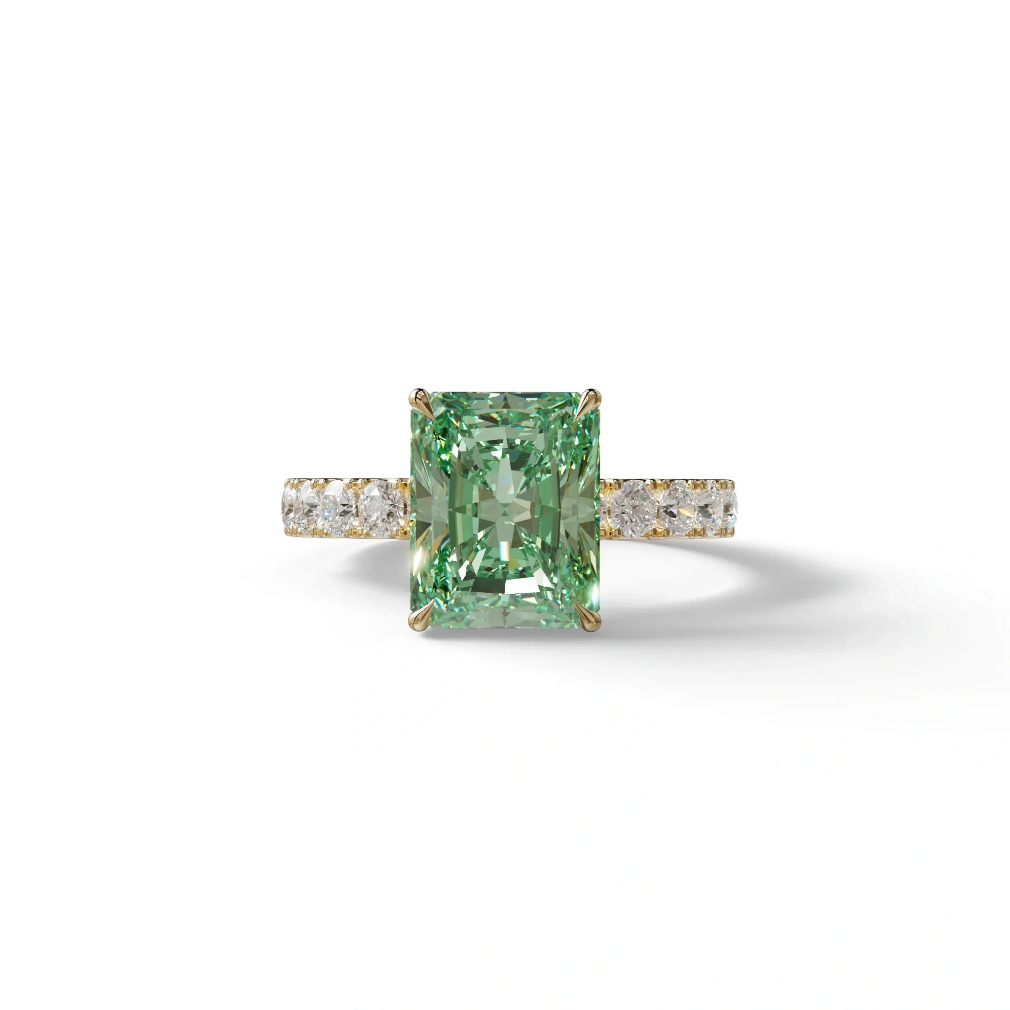 3 Carat Green Radiant Cut Lab Diamond Hidden Halo Engagement Ring - Lace Bridge - 10K Solid Gold / Yellow Gold