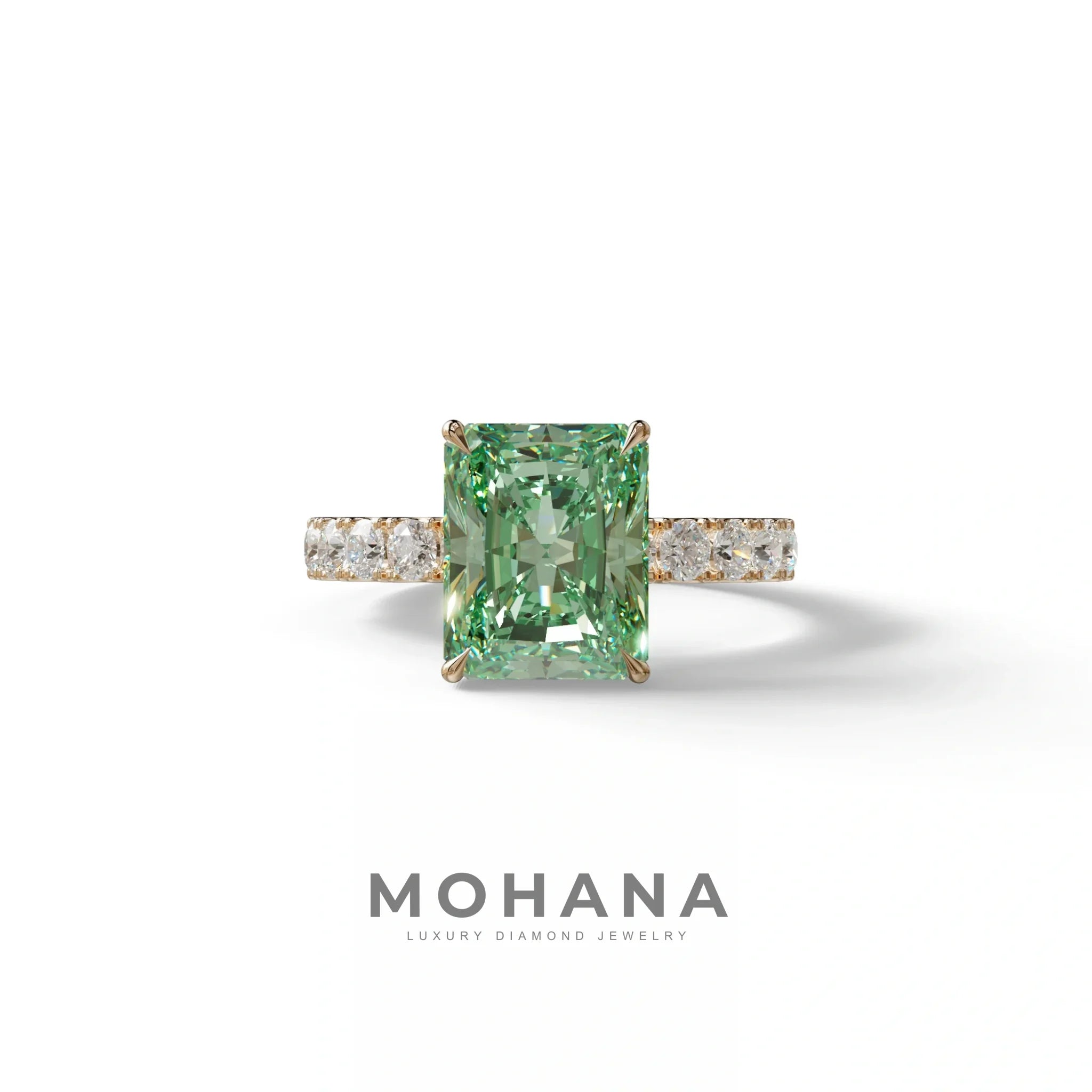 3 Carat Green Radiant Cut Lab Diamond Hidden Halo Engagement Ring - Lace Bridge - 10K Solid Gold / Rose Gold