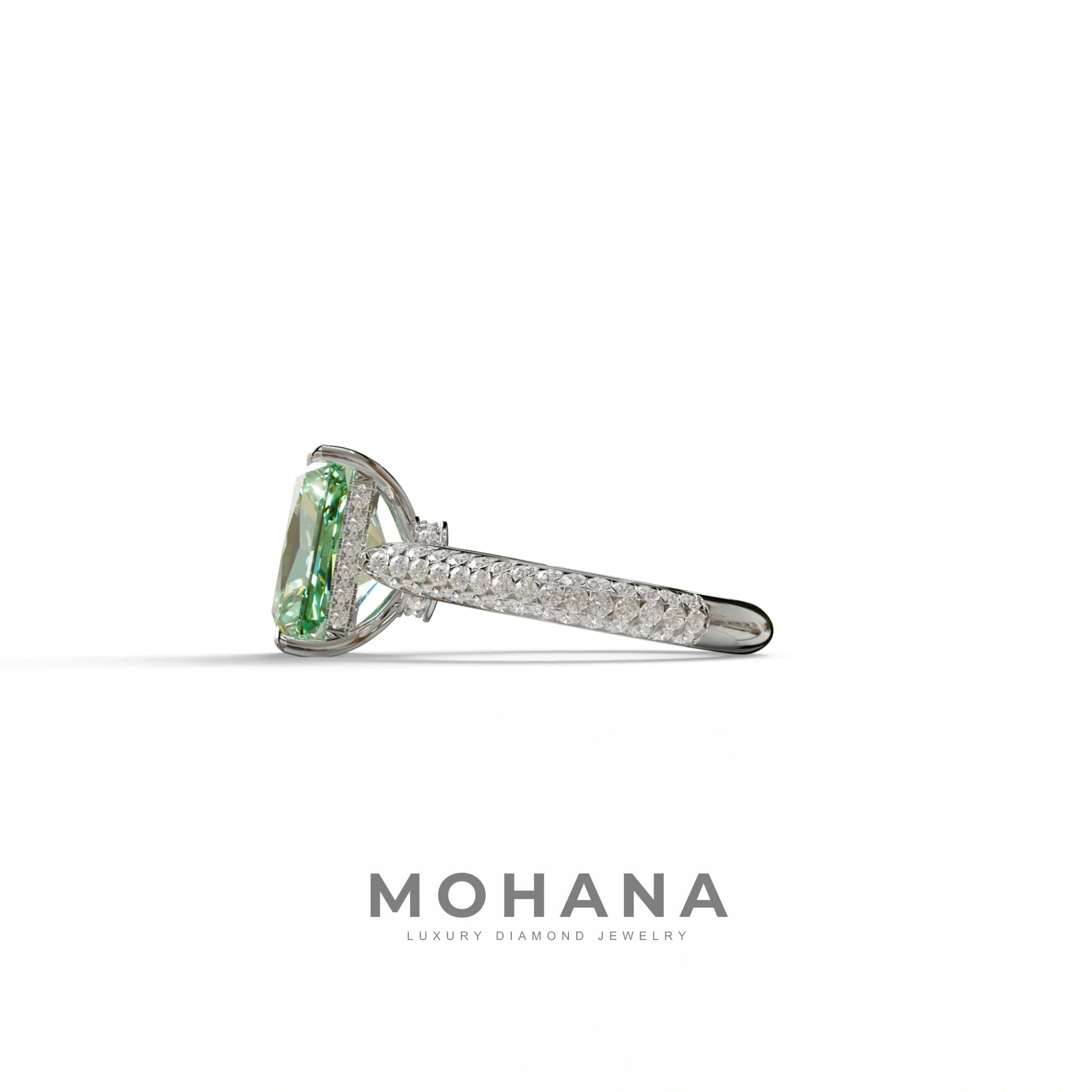 3 Carat Green Radiant Cut Hidden Halo & Pave Set Lab Diamond Ring - Riviera