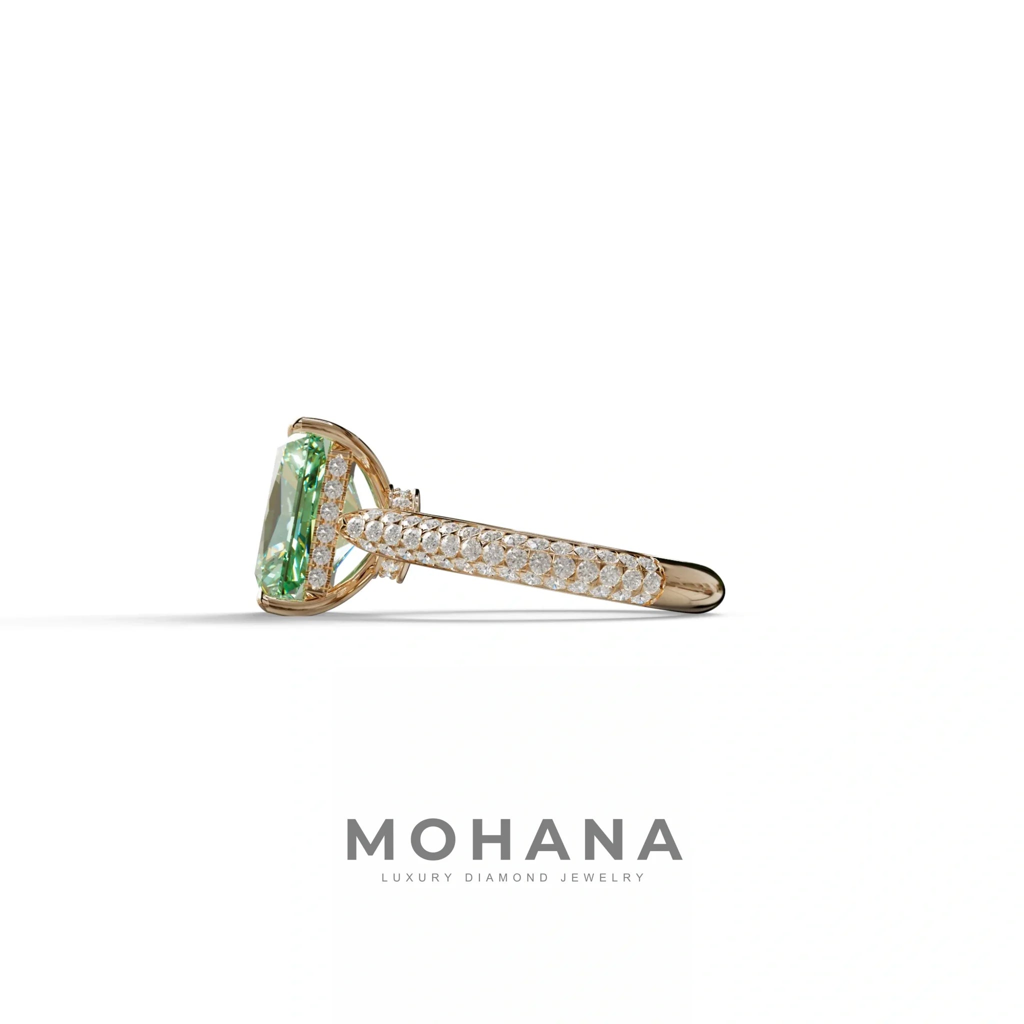 3 Carat Green Radiant Cut Hidden Halo & Pave Set Lab Diamond Ring - Riviera