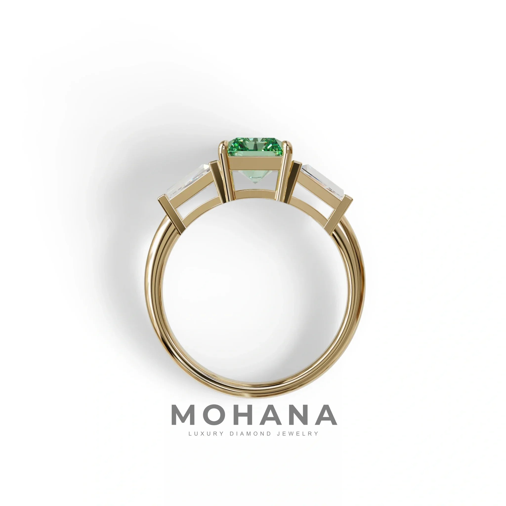 3Ct Green Radiant & Tapered Cut Lab Grown Diamond Three Stone Engagement Ring - Yana