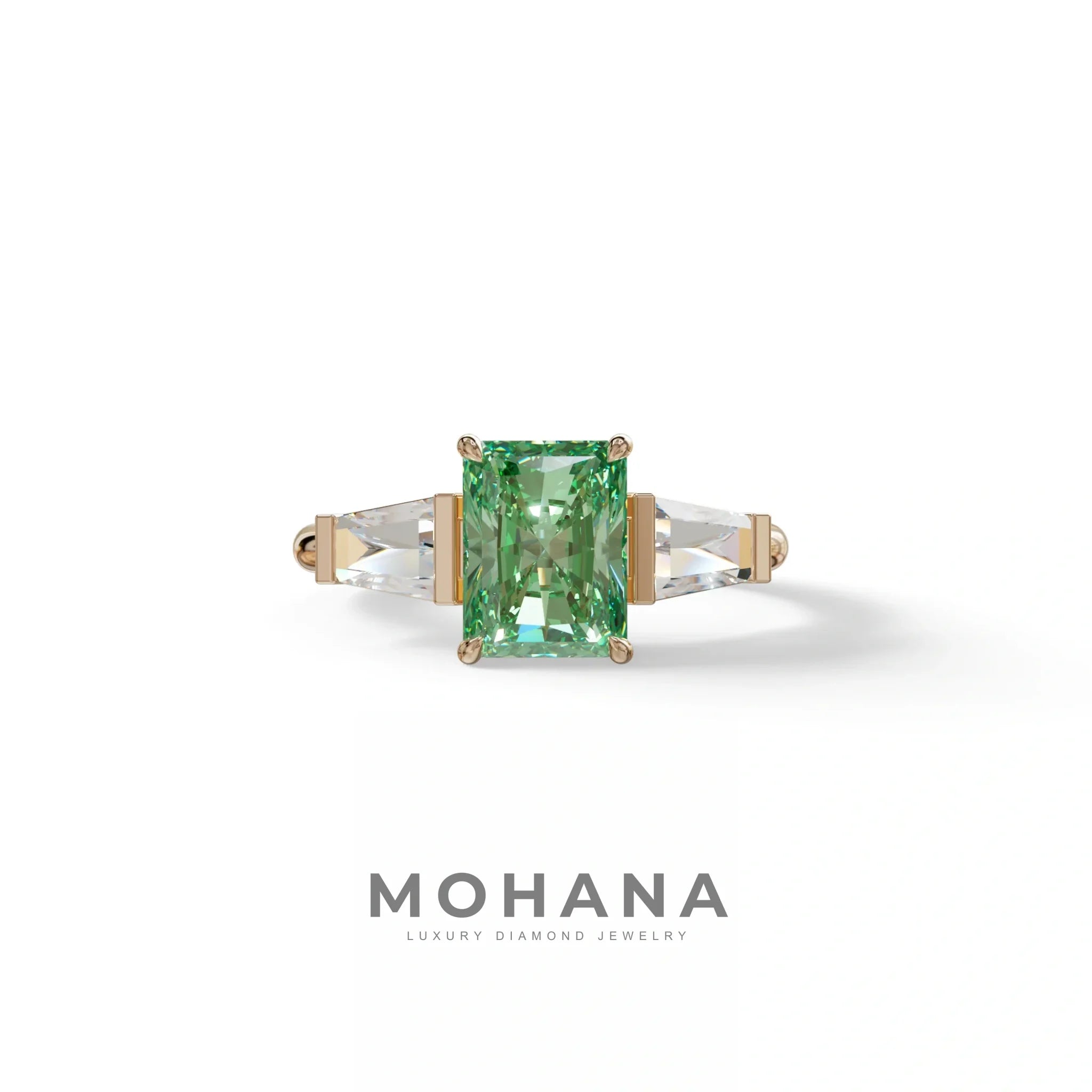 3Ct Green Radiant & Tapered Cut Lab Grown Diamond Three Stone Engagement Ring - Yana - 10K Solid Gold / Rose Gold