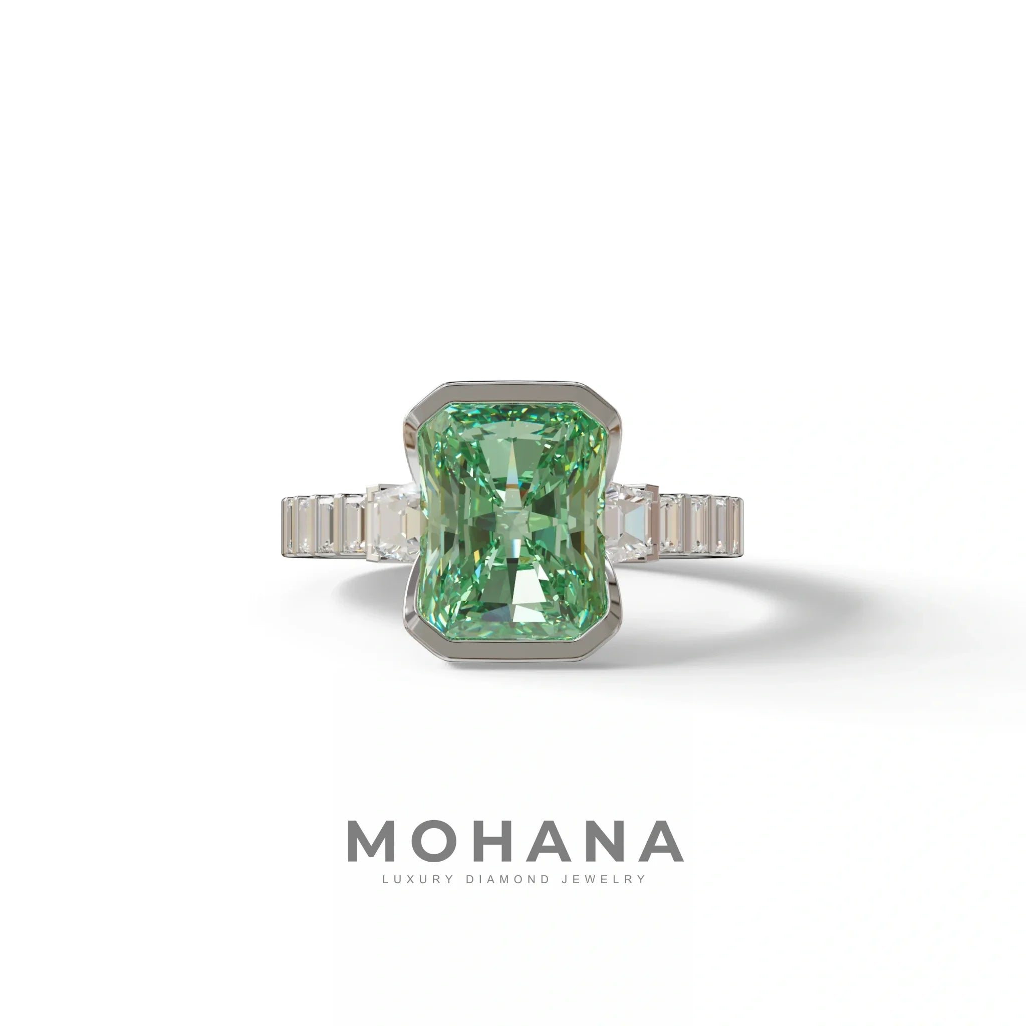 3 Carat Green Radiant Cut Three Stone Lab Diamond Engagement Ring - Adiamor - 10K Solid Gold / White Gold