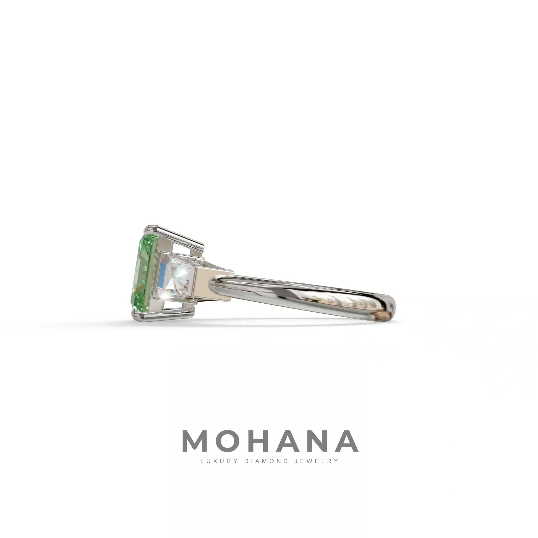 3Ct Green Radiant & Tapered Cut Lab Grown Diamond Three Stone Engagement Ring - Yana