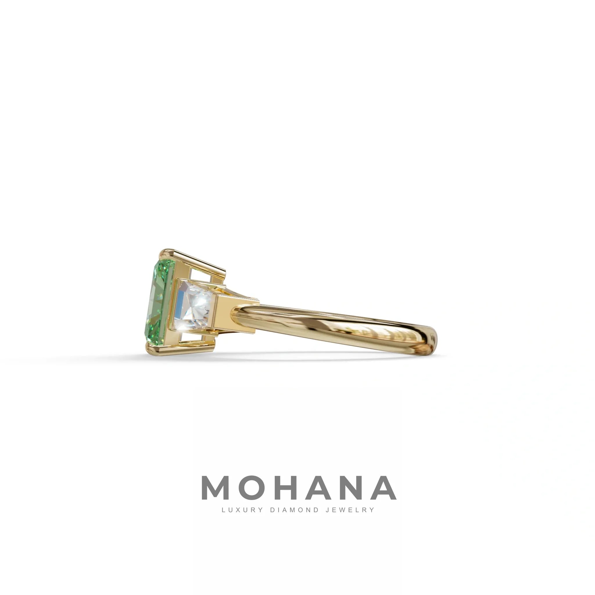 3Ct Green Radiant & Tapered Cut Lab Grown Diamond Three Stone Engagement Ring - Yana