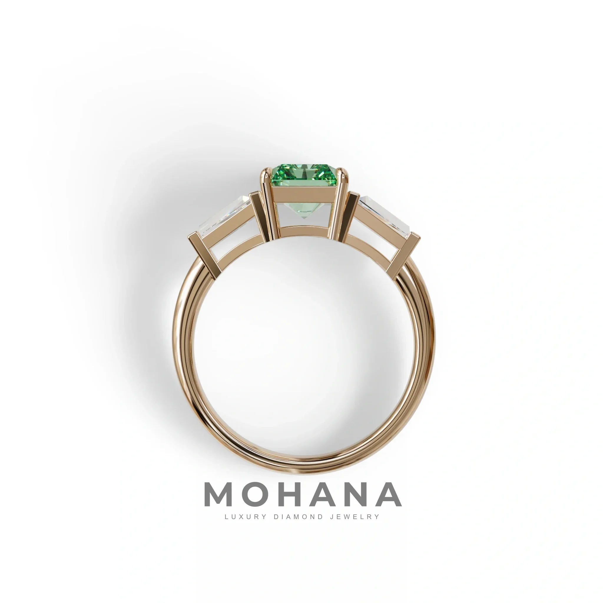 3Ct Green Radiant & Tapered Cut Lab Grown Diamond Three Stone Engagement Ring - Yana