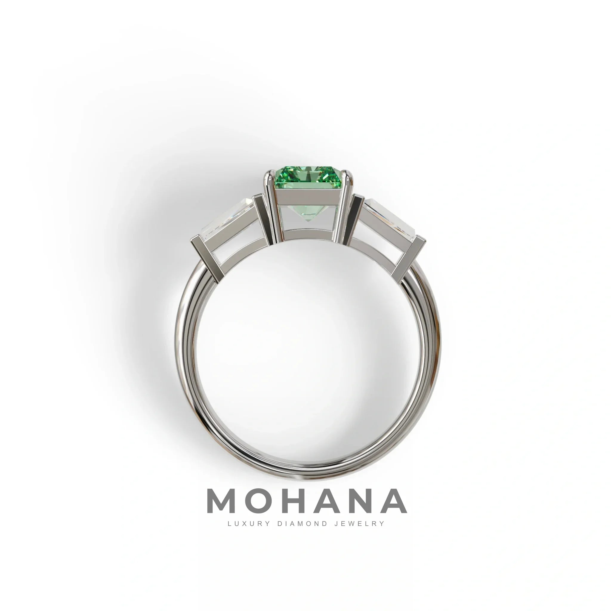 3Ct Green Radiant & Tapered Cut Lab Grown Diamond Three Stone Engagement Ring - Yana