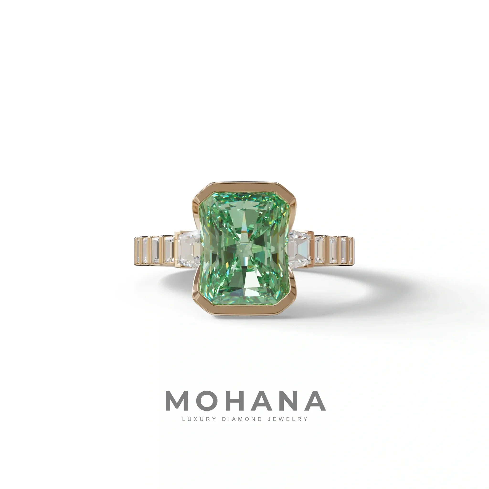 3 Carat Green Radiant Cut Three Stone Lab Diamond Engagement Ring - Adiamor - 10K Solid Gold / Rose Gold