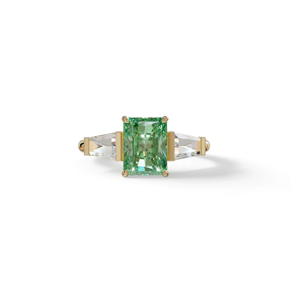 3 Carat Green Lab Grown Diamond Engagement Ring – Radiant Cut Three Stone | Yana