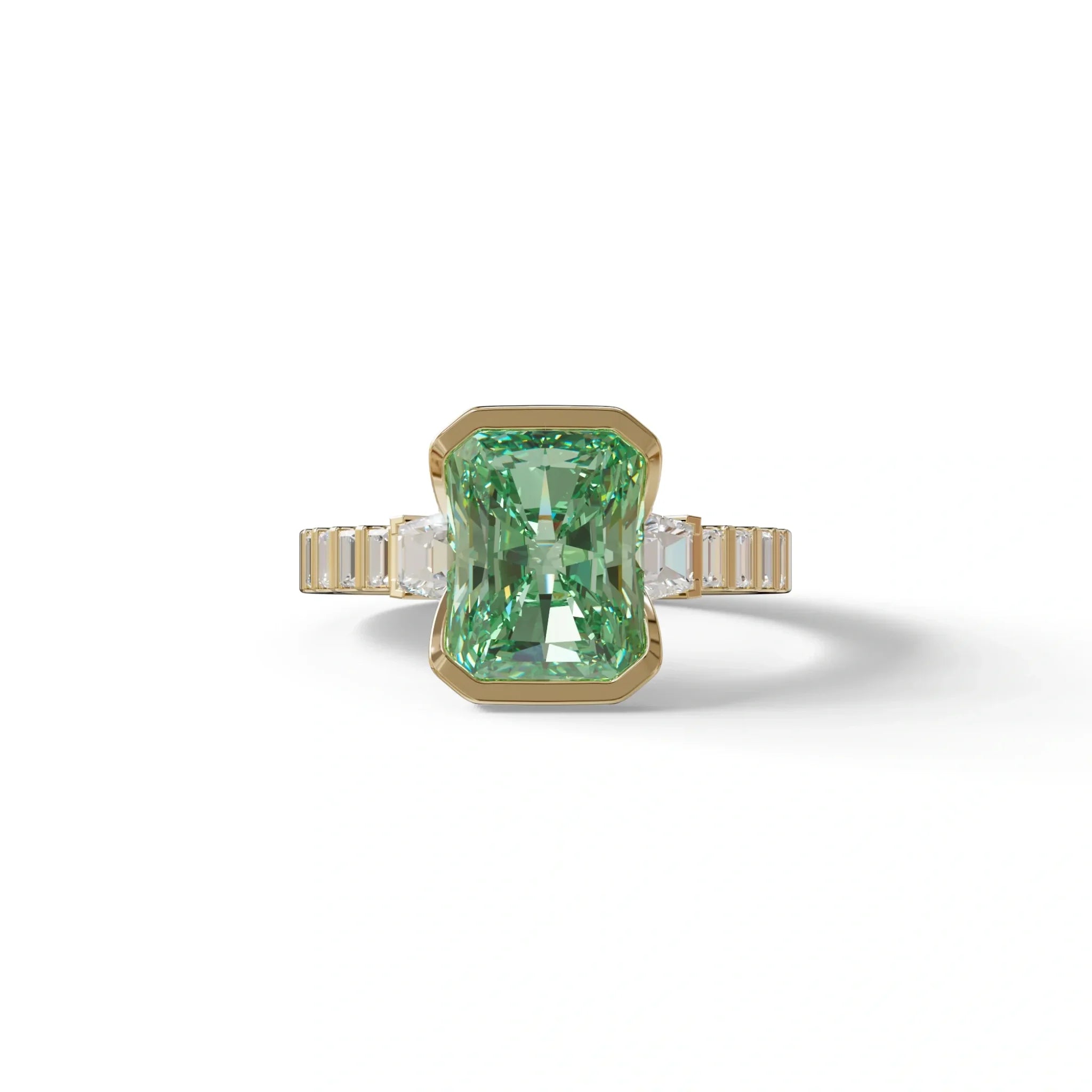 3 Carat Green Radiant Cut Three Stone Lab Diamond Engagement Ring - Adiamor - 10K Solid Gold / Yellow Gold