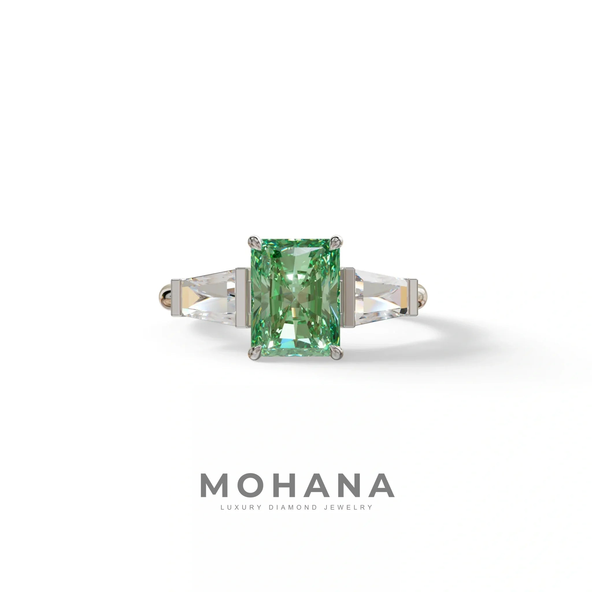 3Ct Green Radiant & Tapered Cut Lab Grown Diamond Three Stone Engagement Ring - Yana - 10K Solid Gold / White Gold