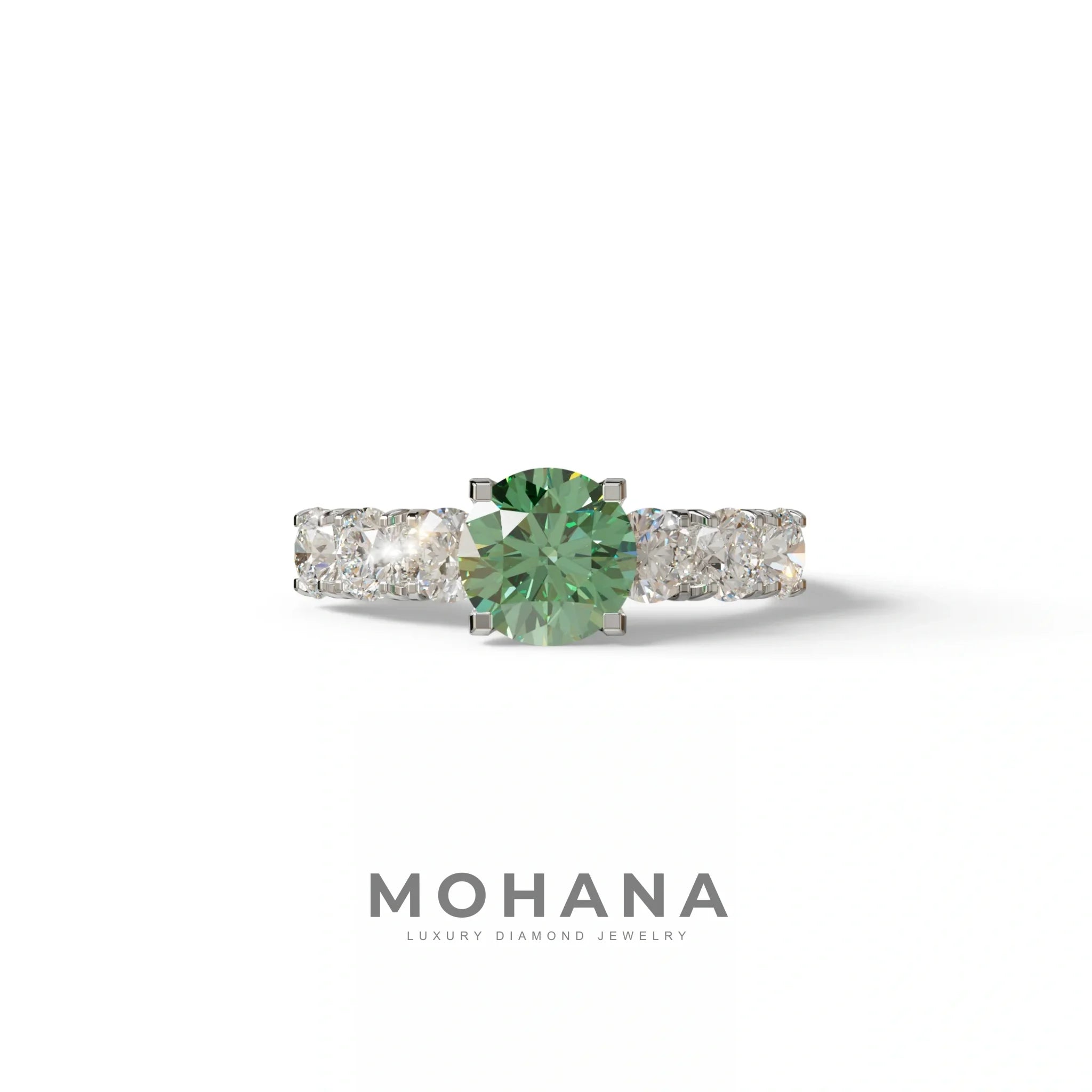 3 Carat Green Round Cut Half Eternity Lab Diamond Engagement Ring - Angeleno - 10K Solid Gold / White Gold
