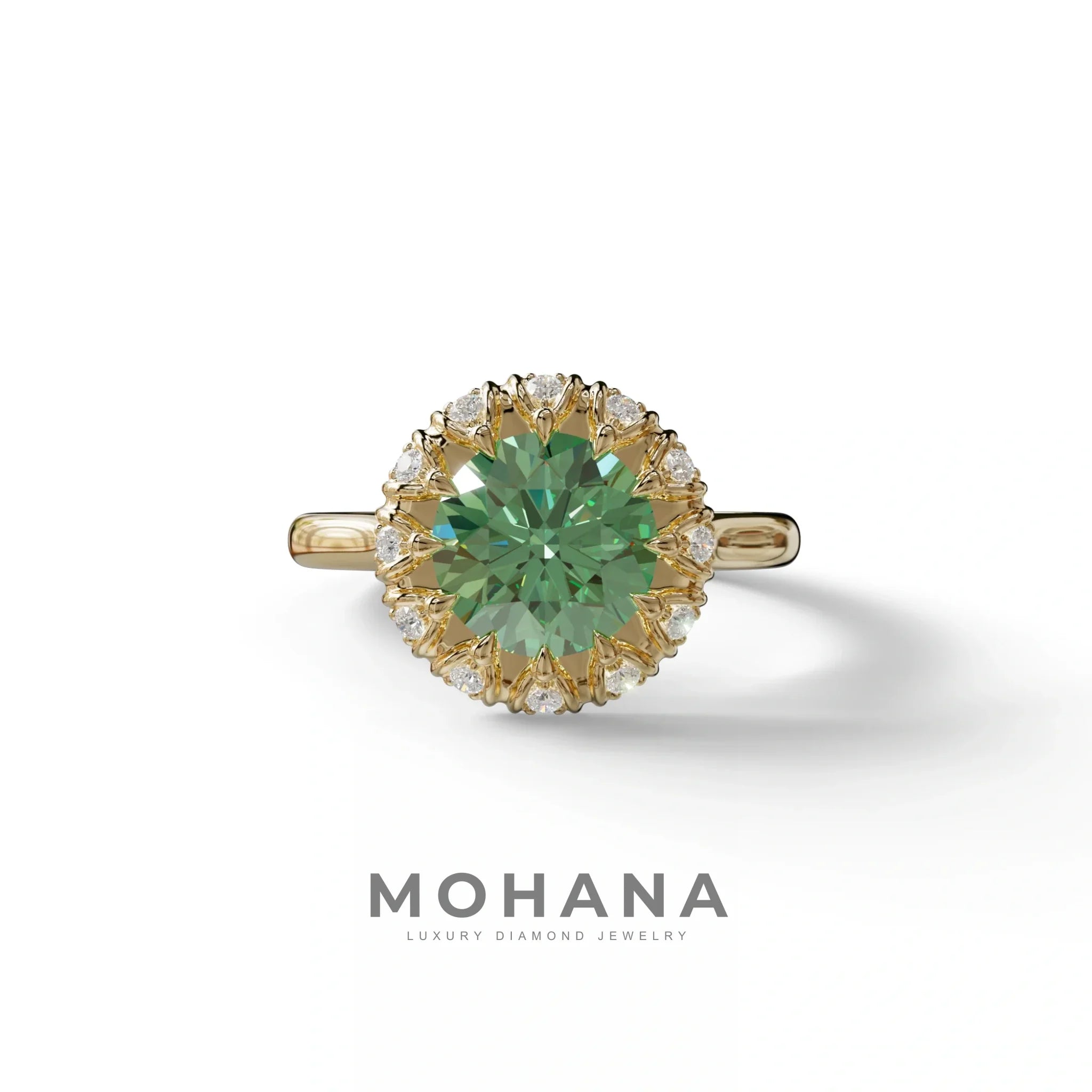 3 Carat Green Round Shaped Halo Lab Diamond Ring - Sunflower - 10K Solid Gold / Yellow Gold