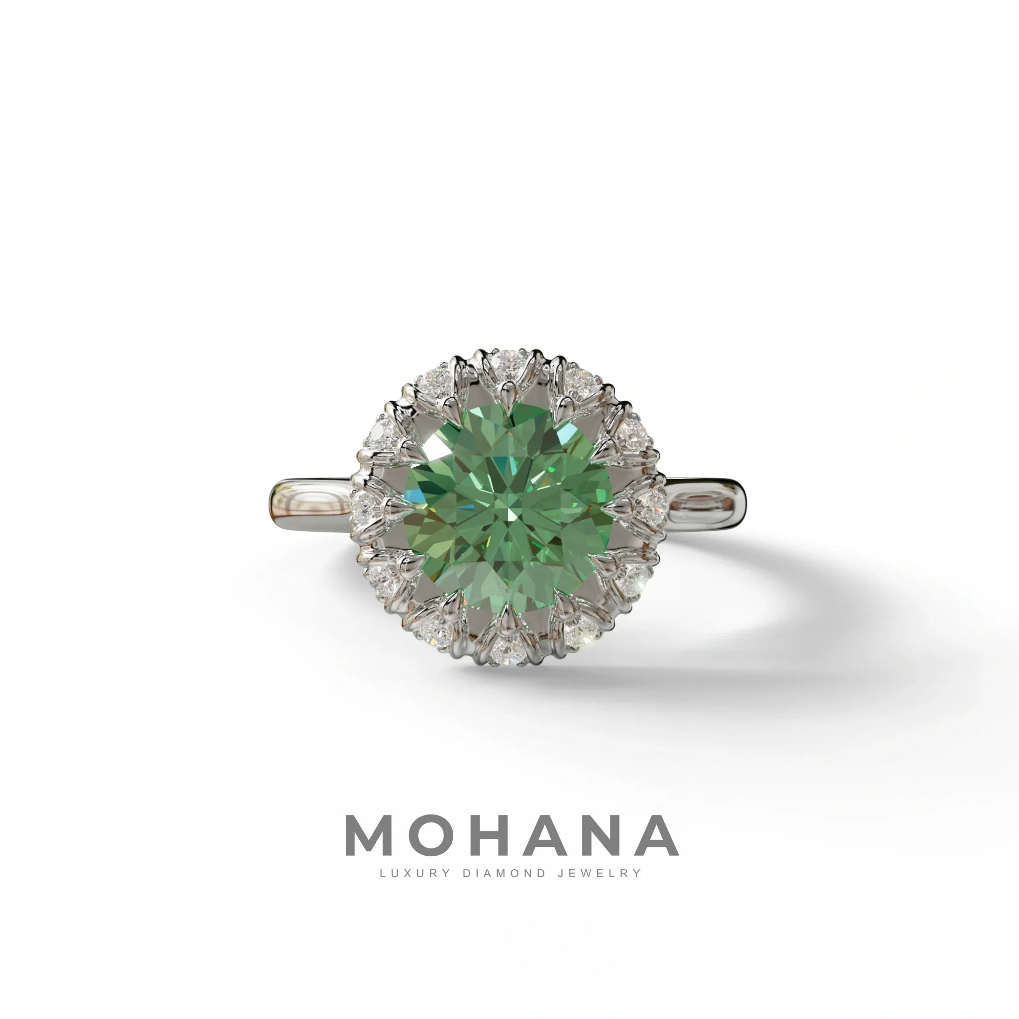 3 Carat Green Round Shaped Halo Lab Diamond Ring - Sunflower - 10K Solid Gold / White Gold