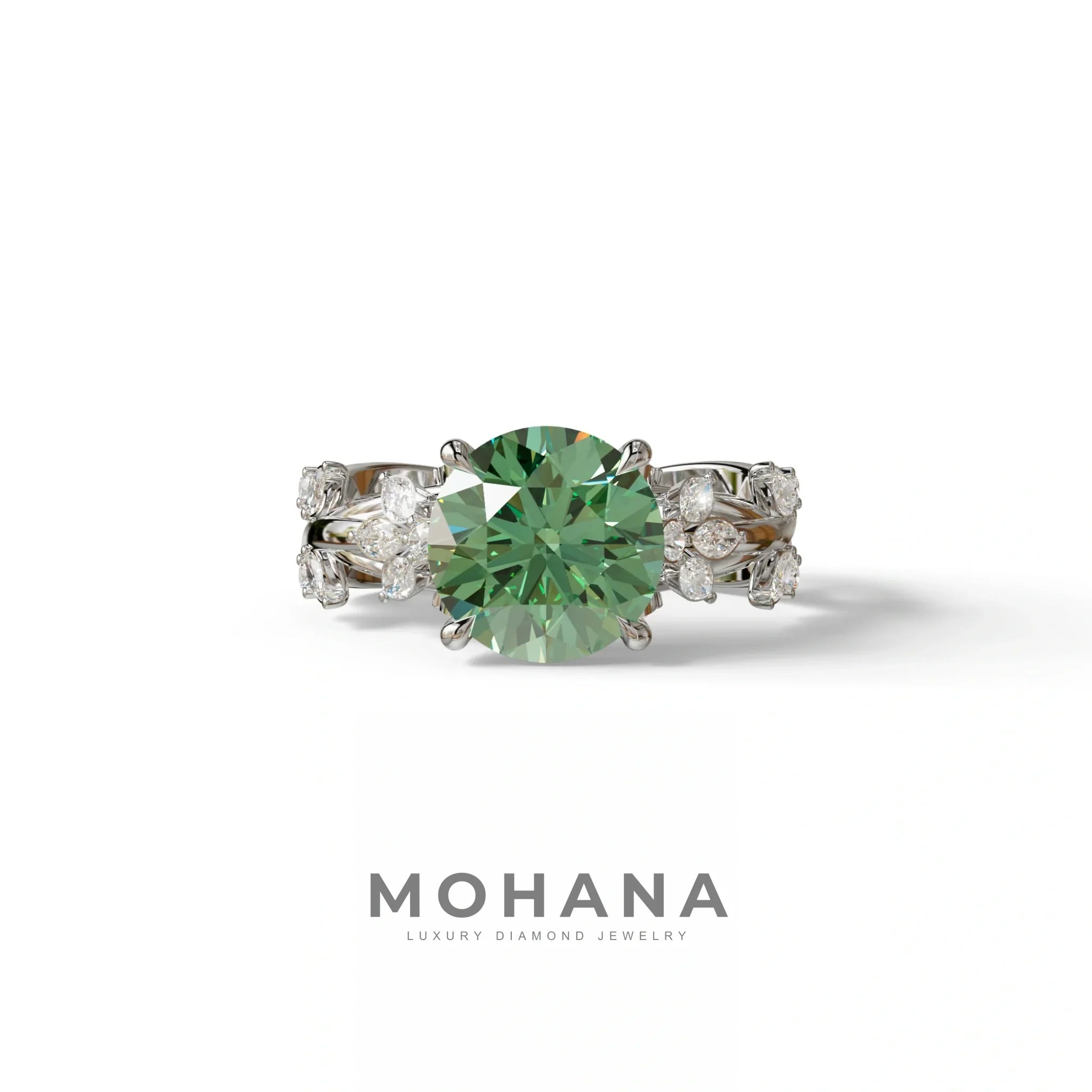 Natural inspired 3 Carat Green Round Cut Lab Diamond Engagement Ring - Catalina - 10K Solid Gold / White Gold