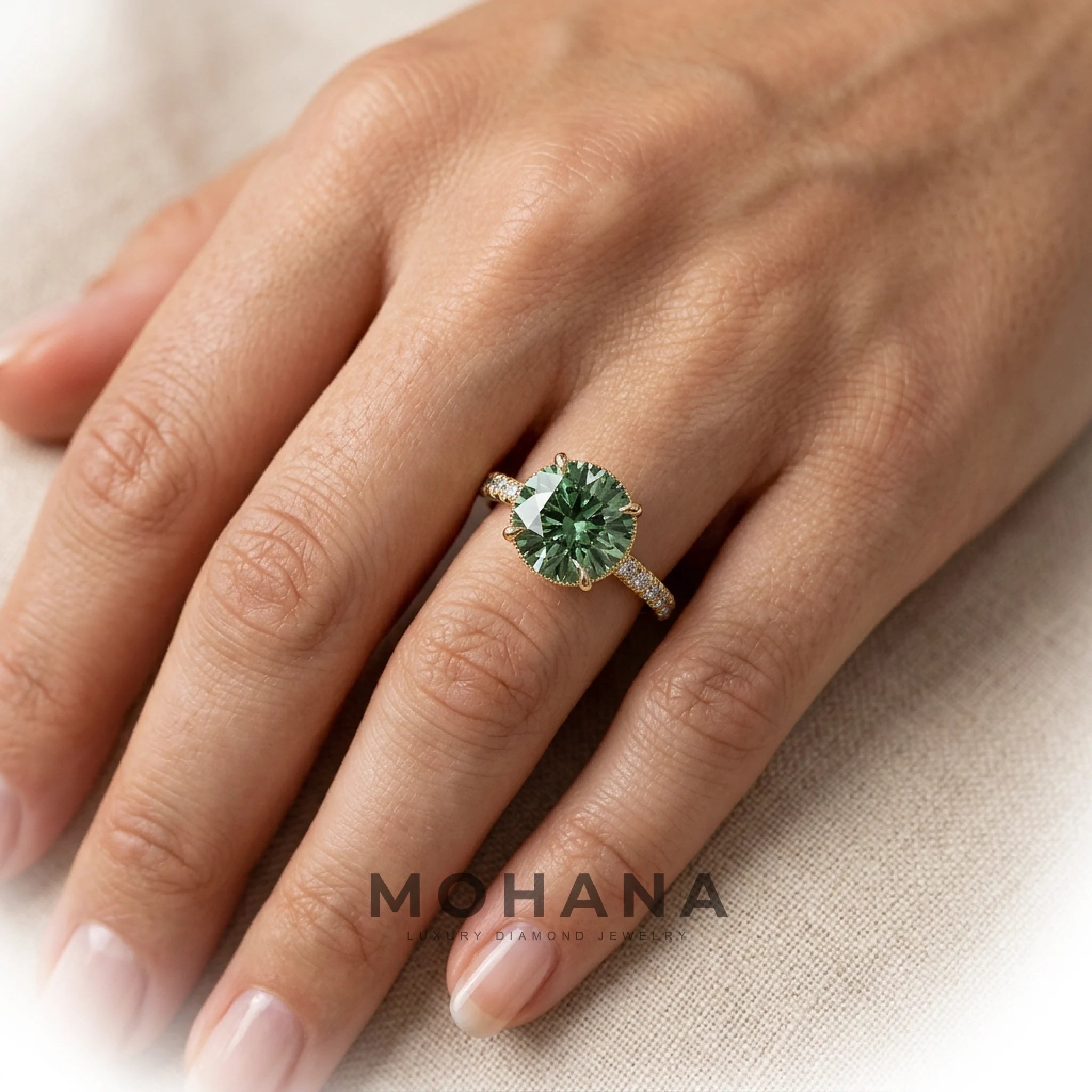 3 Carat Green Round-Cut Lab Diamond Engagement Ring | Hidden Halo & Pavé