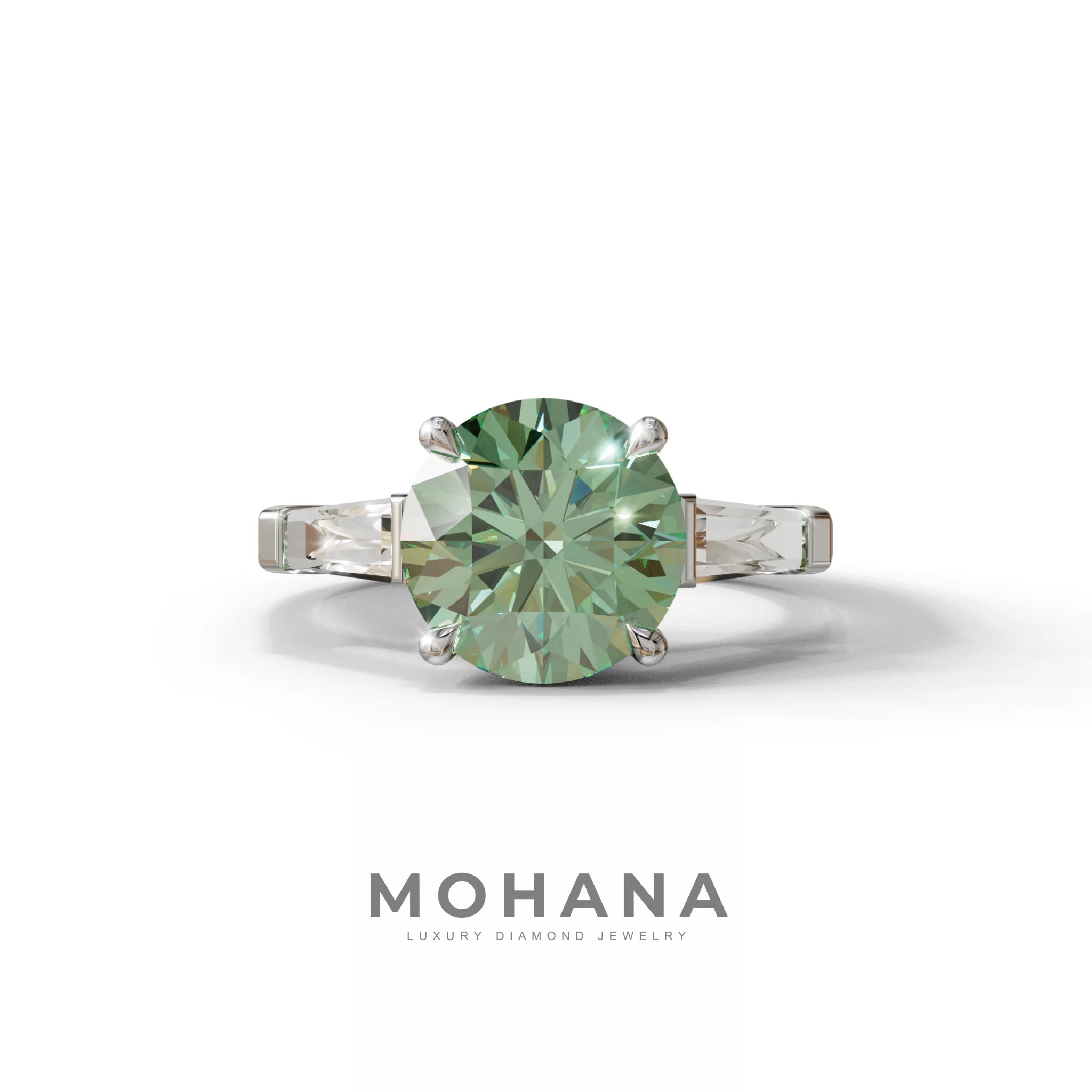 3 Carat Green Round & Tapered Cut Multi Stone Lab Diamond Ring - Reflection - 10K Solid Gold / White Gold