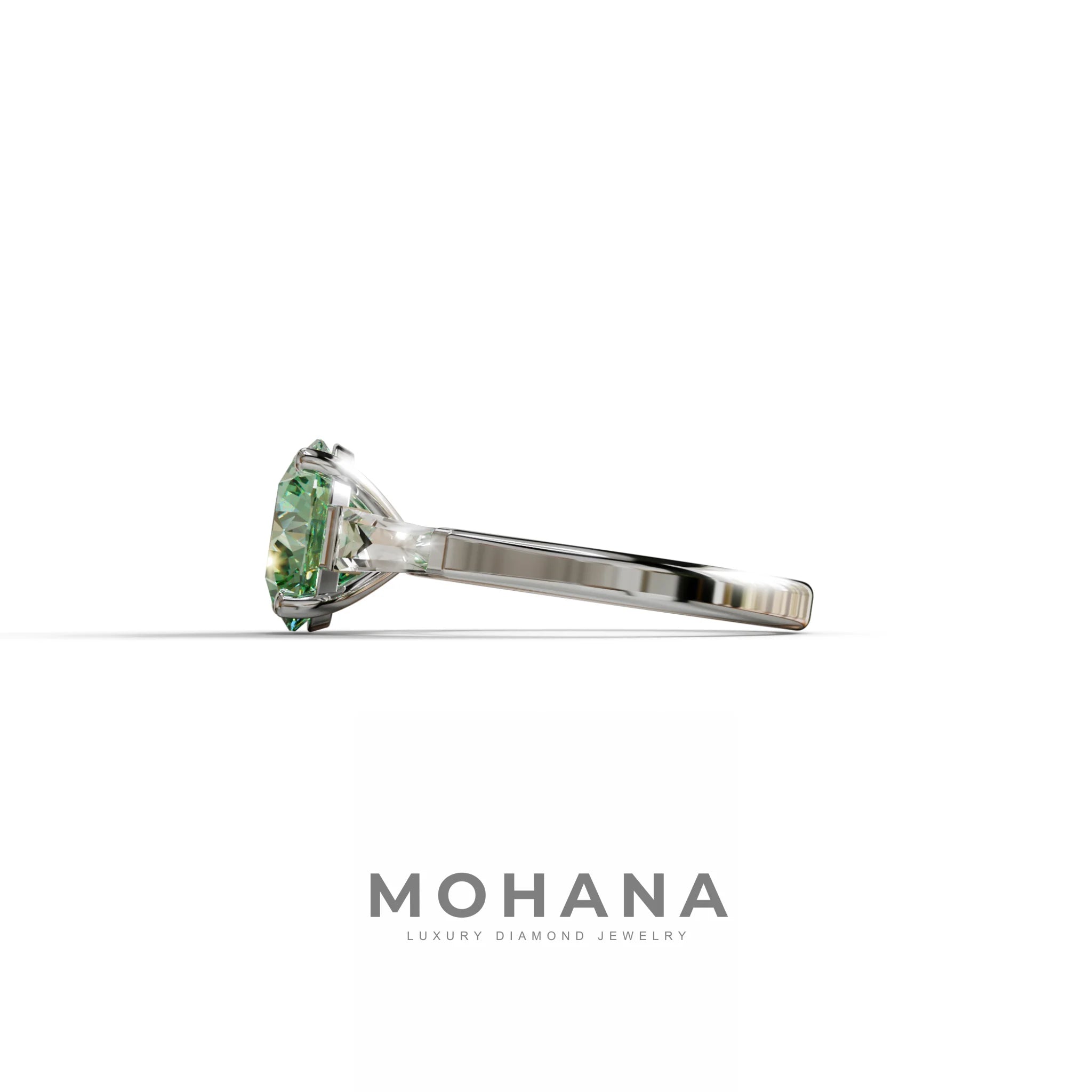 3 Carat Green Round & Tapered Cut Multi Stone Lab Diamond Ring - Reflection