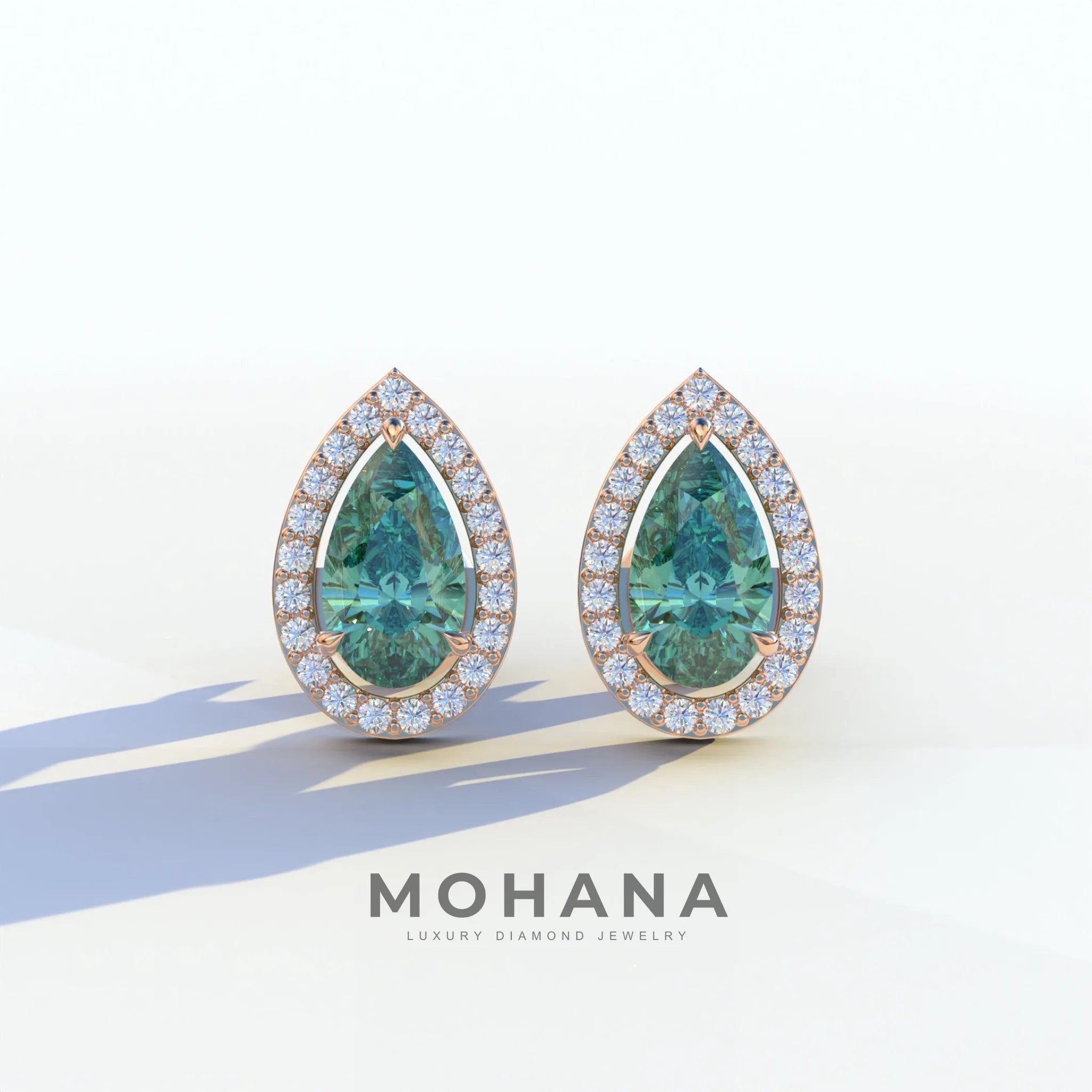 3 Carat Green Pear Cut Lab Diamond Stud Earrings | Halo Setting - Kelly - 10K Solid Gold / Rose Gold