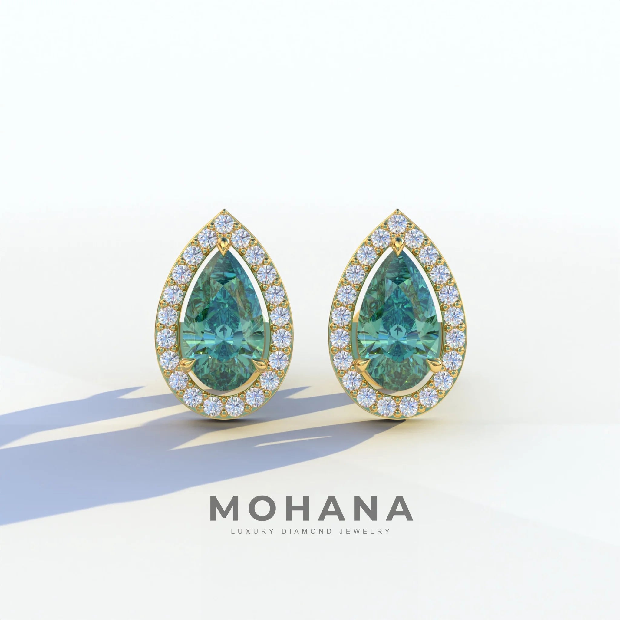 3 Carat Green Pear Cut Lab Diamond Stud Earrings | Halo Setting - Kelly - 10K Solid Gold / Yellow Gold