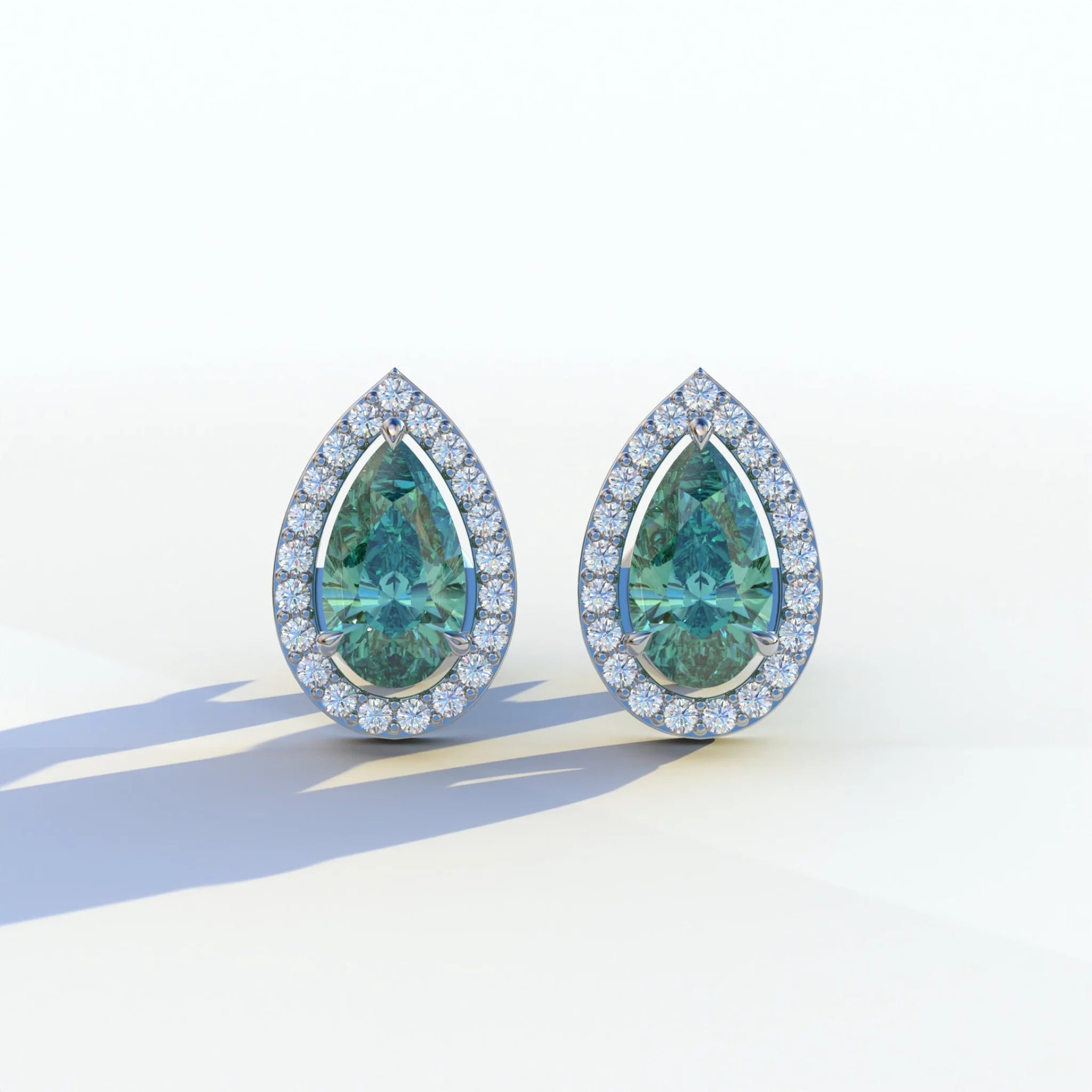3 Carat Green Pear Cut Lab Diamond Stud Earrings | Halo Setting - Kelly - 10K Solid Gold / White Gold