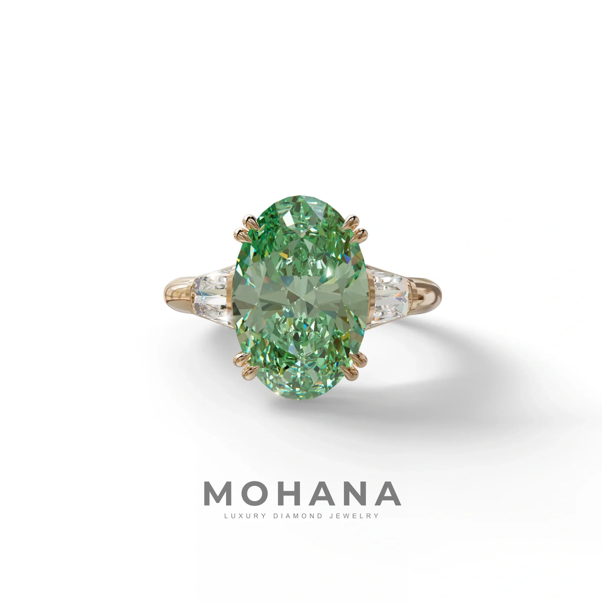 3 Carat Green Oval & Baguette Lab Diamond Ring - Persi - 10K Solid Gold / Rose Gold