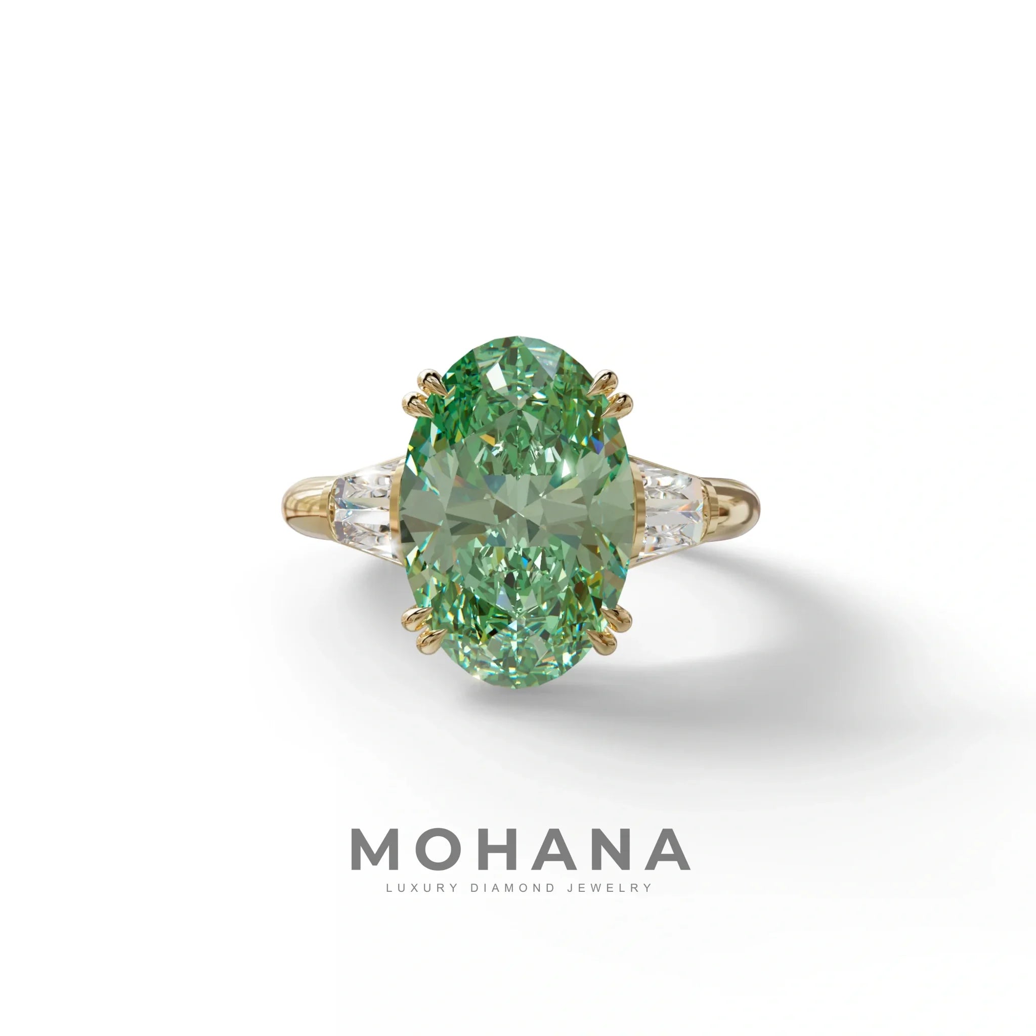 3 Carat Green Oval & Baguette Lab Diamond Ring - Persi - 10K Solid Gold / Yellow Gold