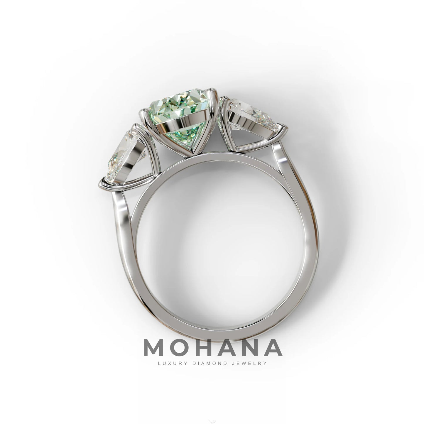 3 Carat Green Oval Lab Grown Diamond Engagement Ring – Three Stone Pear Cut Setting