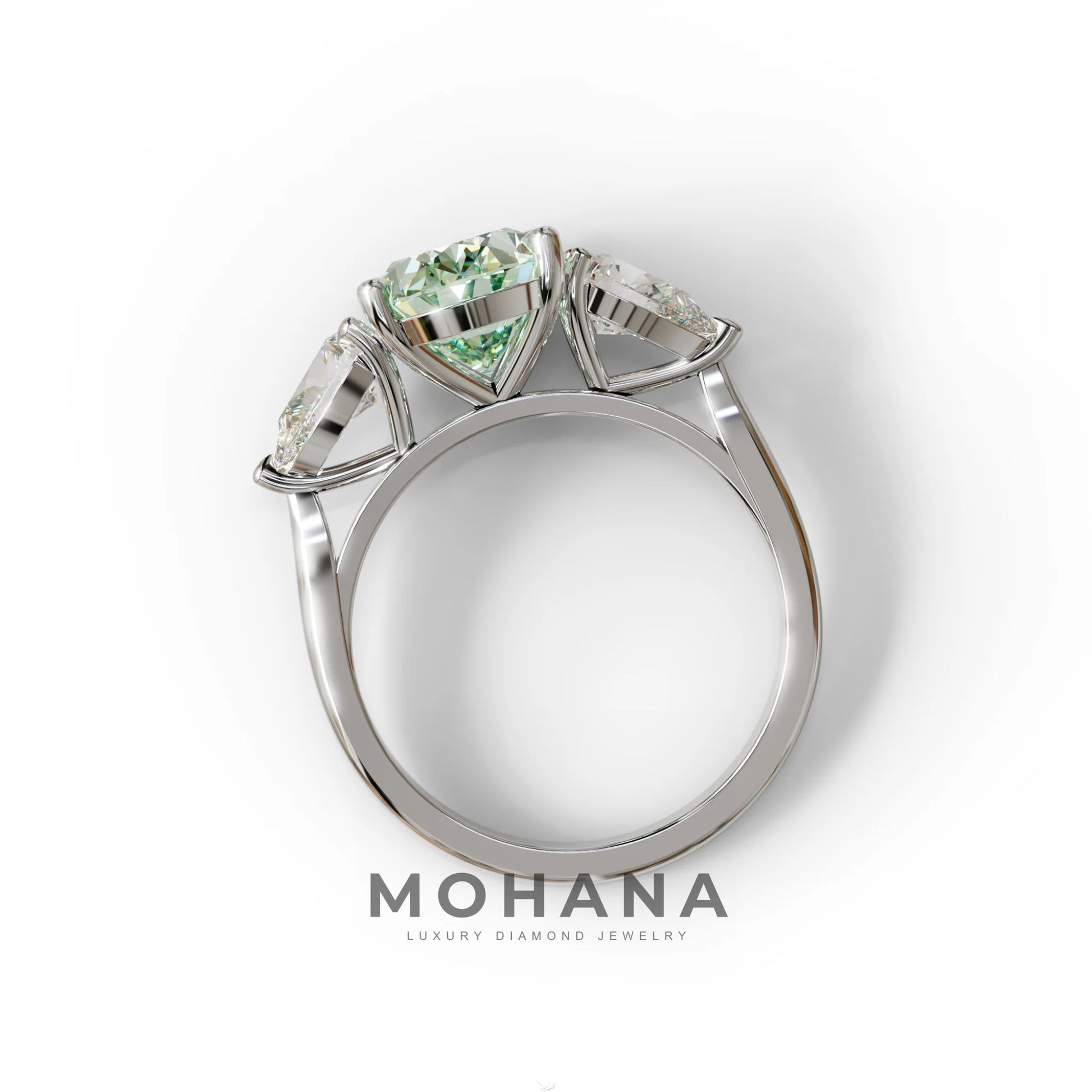 3 Carat Green Oval Lab Grown Diamond Engagement Ring – Three Stone Pear Cut Setting