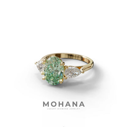 3 Carat Green Oval Lab Grown Diamond Engagement Ring – Three Stone Pear Cut Setting