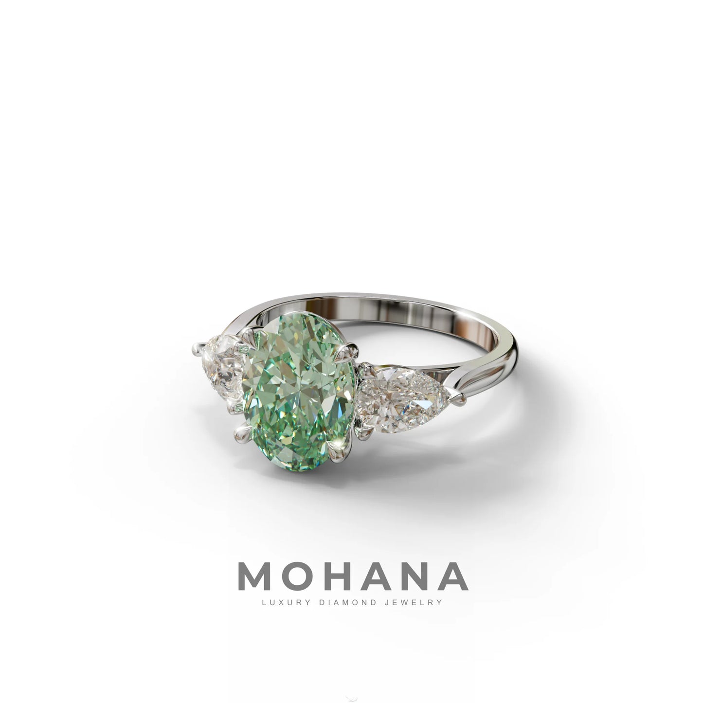 3 Carat Green Oval Lab Grown Diamond Engagement Ring – Three Stone Pear Cut Setting