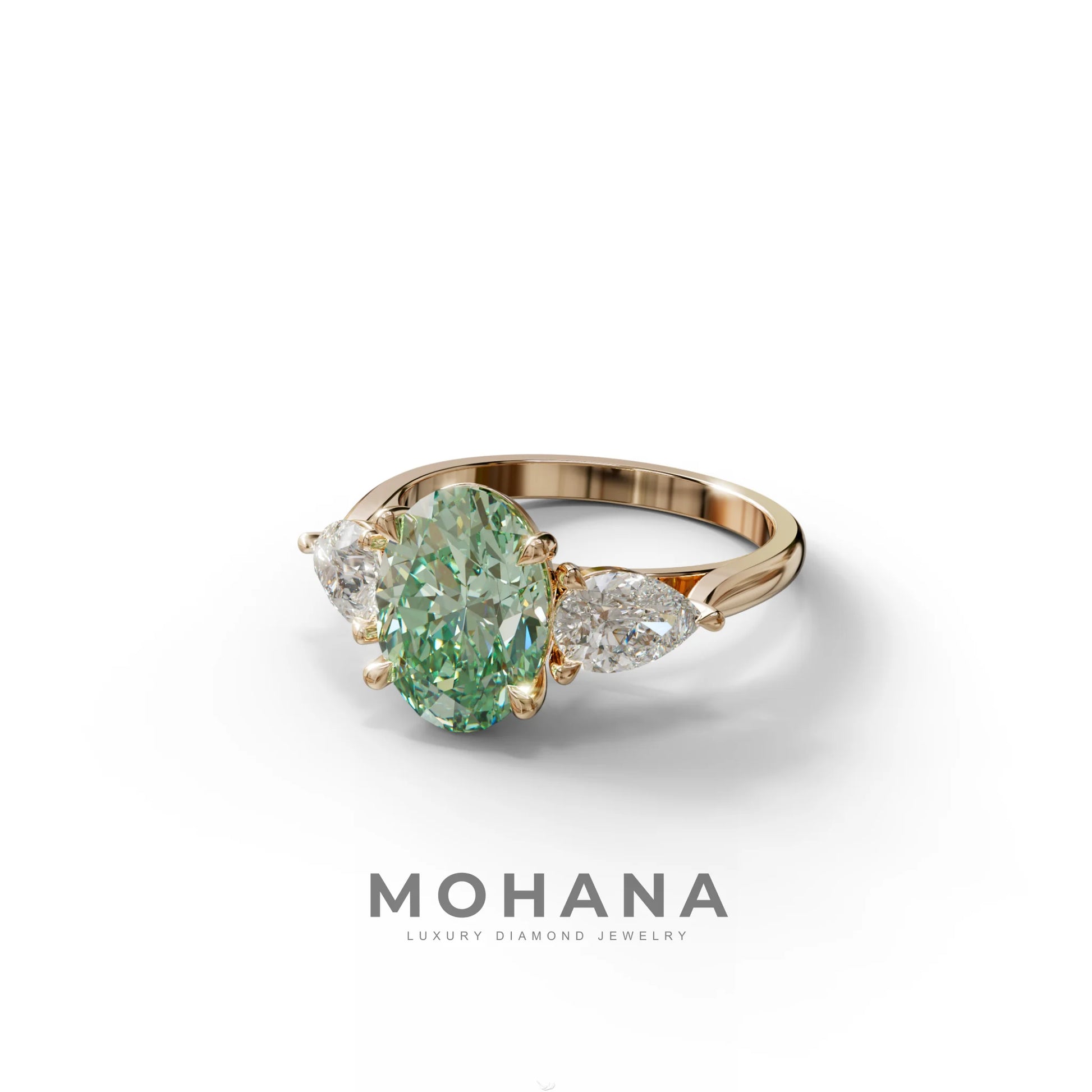 3 Carat Green Oval Lab Grown Diamond Engagement Ring – Three Stone Pear Cut Setting