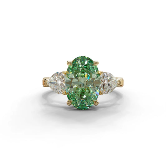 4 Ct Green Oval & Heart Shape 3 Stone Engagement Diamond Ring - Lucid - 10K Solid Gold / Yellow Gold