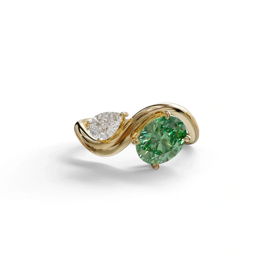 3 Carat Green Oval and Pear Cut Lab Diamond Engagement Ring - Toi Et Moi - 10K Solid Gold / Yellow Gold