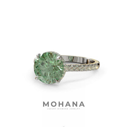 3 Carat Green Round Cut Hidden Halo & Pave Setting Lab Diamond Ring - Eblouissant