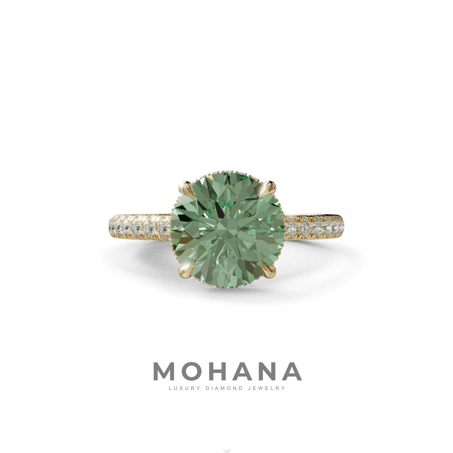 3 Carat Green Round Cut Hidden Halo & Pave Setting Lab Diamond Ring - Eblouissant - 10K Solid Gold / Yellow Gold