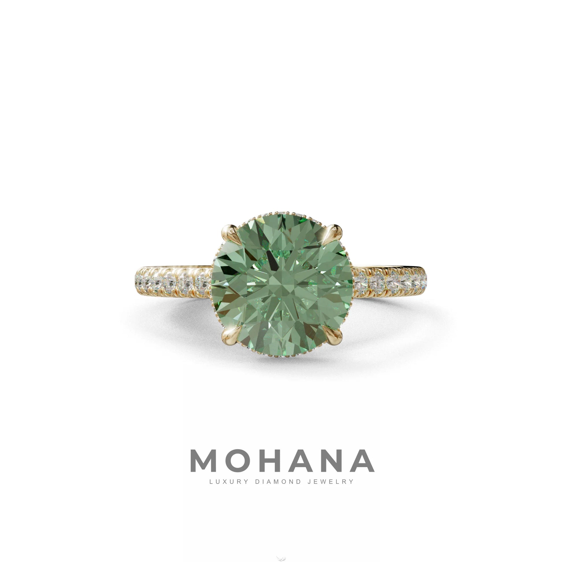 3 Carat Green Round Cut Hidden Halo & Pave Setting Lab Diamond Ring - Eblouissant - 10K Solid Gold / Yellow Gold