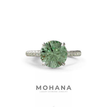 3 Carat Green Round Cut Hidden Halo & Pave Setting Lab Diamond Ring - Eblouissant - 10K Solid Gold / White Gold