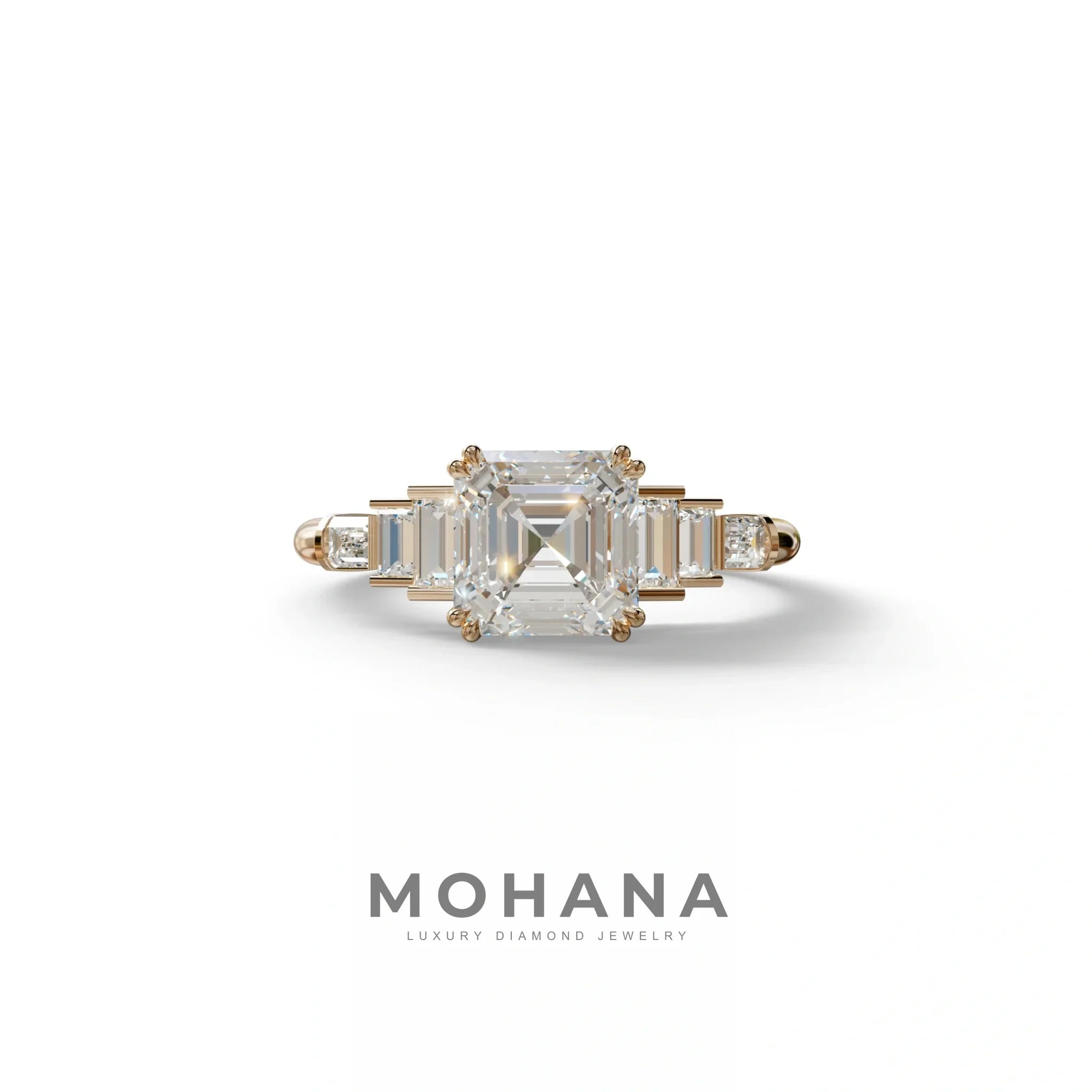 3 Carat E-VVS Asscher Three Stone Lab grown Diamond Ring - Vetra - 10K Solid Gold / Rose Gold